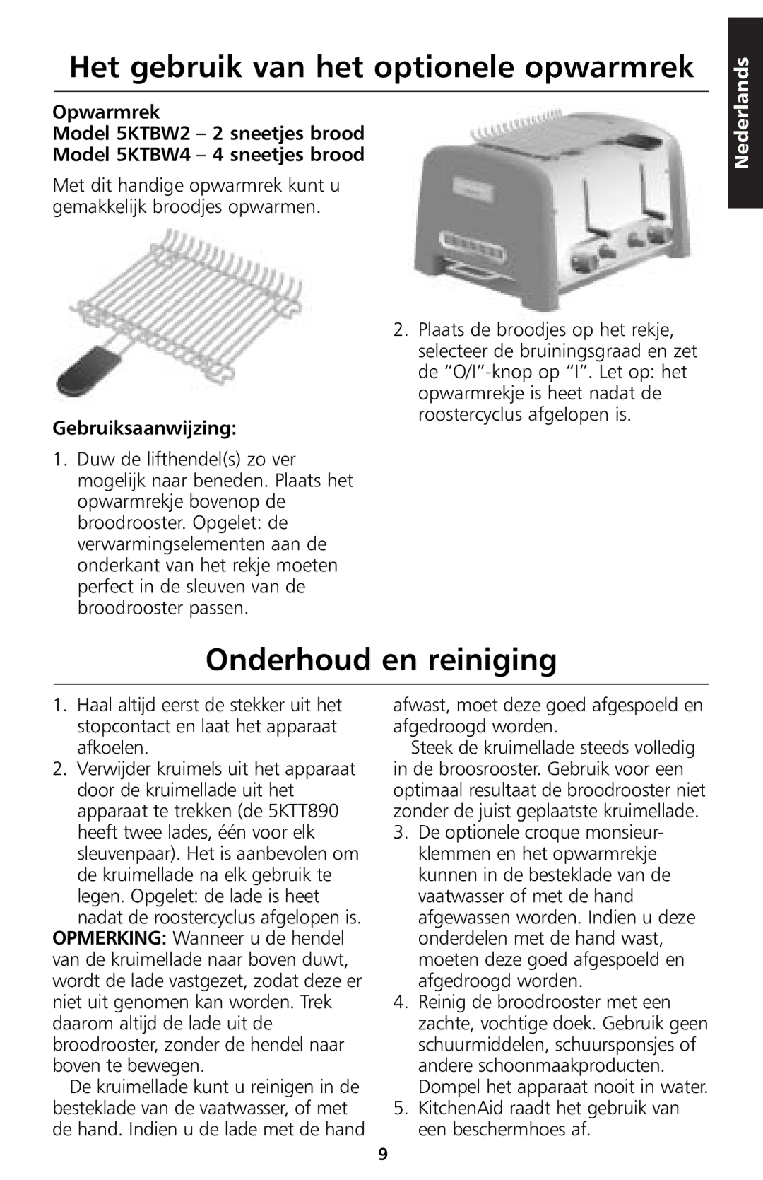 KitchenAid 5KTT890 manual Het gebruik van het optionele opwarmrek, Onderhoud en reiniging 