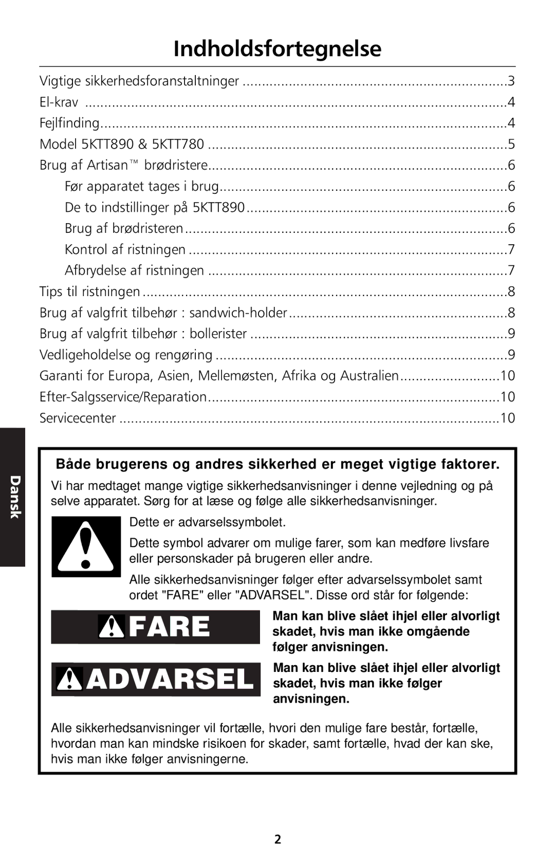 KitchenAid 5KTT890 manual Indholdsfortegnelse, Dansk 