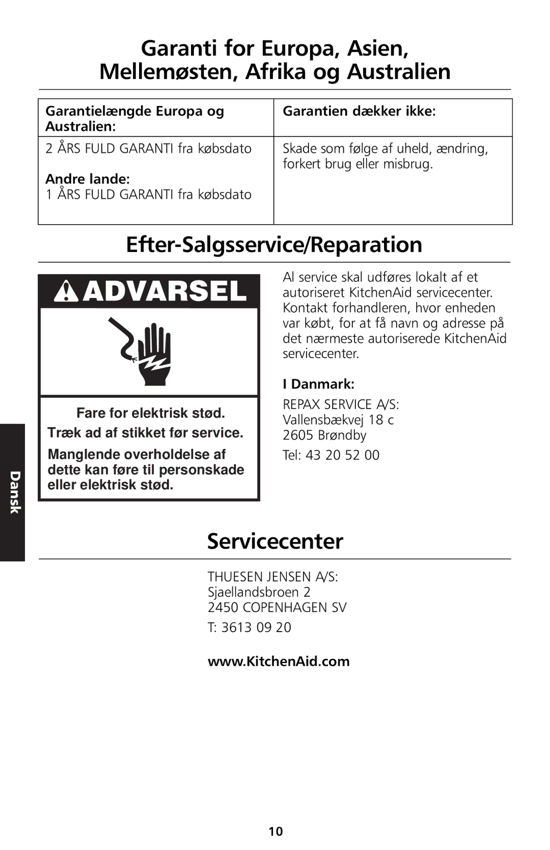 KitchenAid 5KTT890 Garanti for Europa, Asien Mellemøsten, Afrika og Australien, Efter-Salgsservice/Reparation, Danmark 
