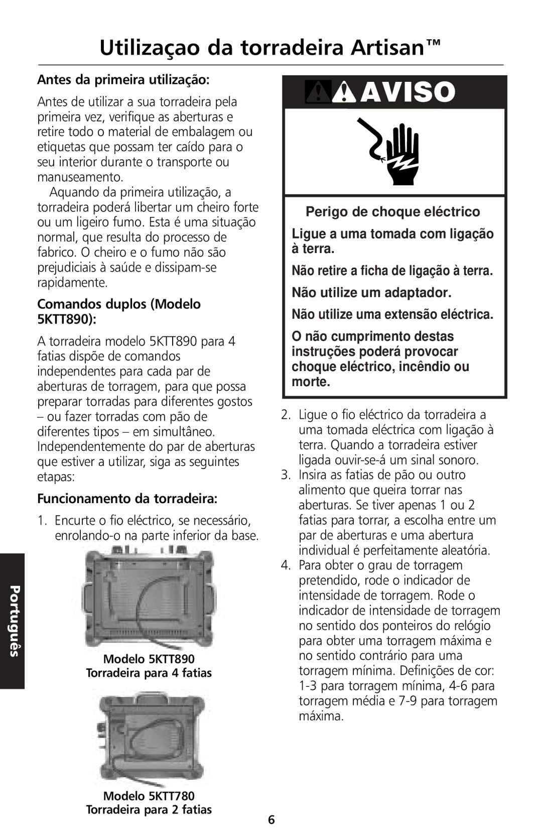 KitchenAid manual Utilizaçao da torradeira Artisan, Antes da primeira utilização, Comandos duplos Modelo 5KTT890 