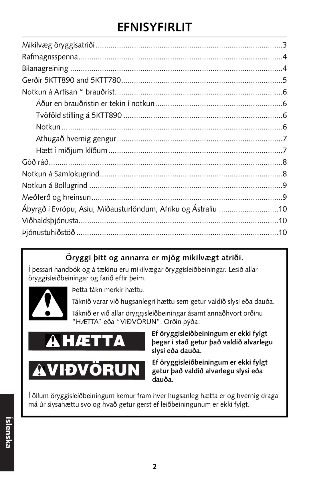 KitchenAid 5KTT890 manual Efnisyfirlit, Öryggi þitt og annarra er mjög mikilvægt atriði 