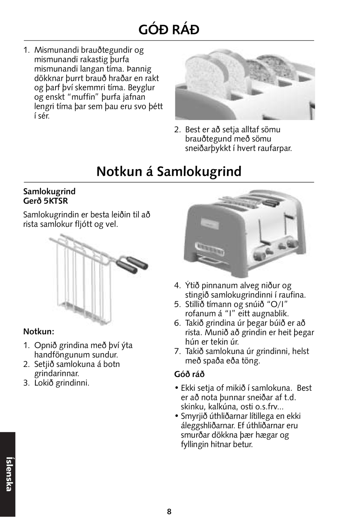 KitchenAid 5KTT890 manual Góð Ráð, Notkun á Samlokugrind, Samlokugrind Gerð 5KTSR, Góð ráð 