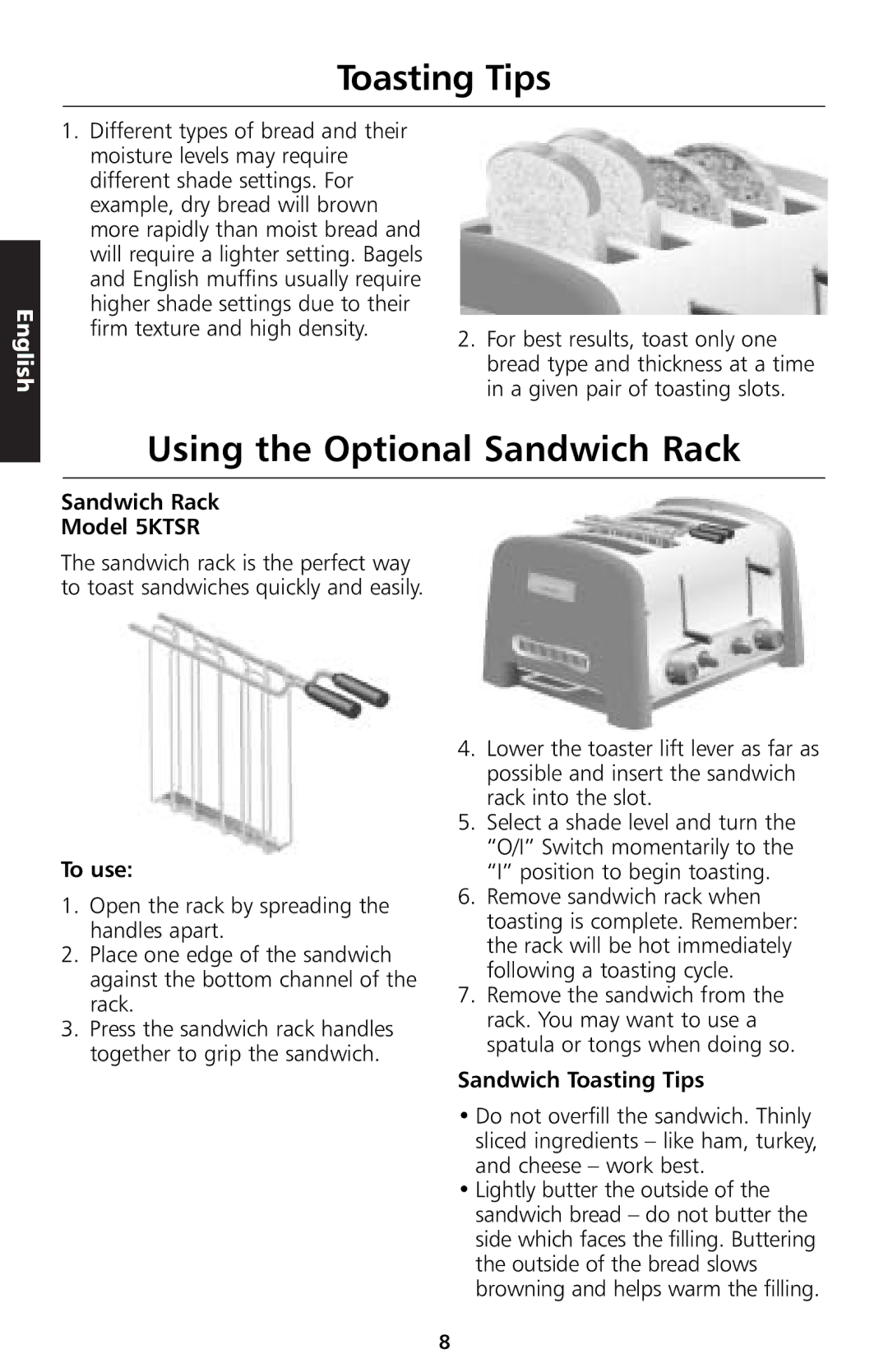 KitchenAid 5KTT890 manual Toasting Tips, Using the Optional Sandwich Rack, Sandwich Rack Model 5KTSR, To use 