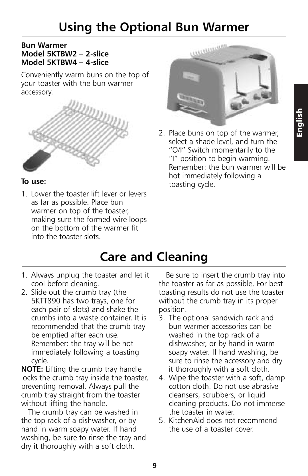 KitchenAid 5KTT890 Using the Optional Bun Warmer, Care and Cleaning, Bun Warmer Model 5KTBW2 2-slice Model 5KTBW4 4-slice 