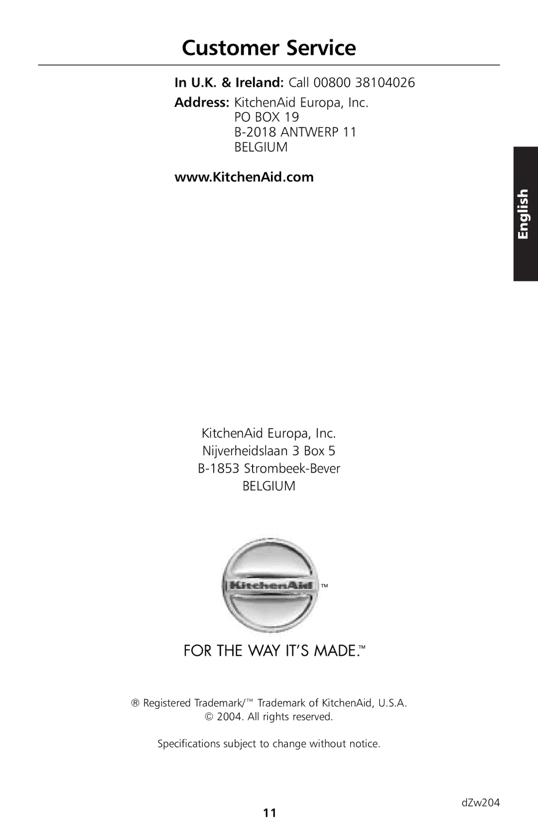 KitchenAid 5KTT890 manual Customer Service, U.K. & Ireland Call 00800 