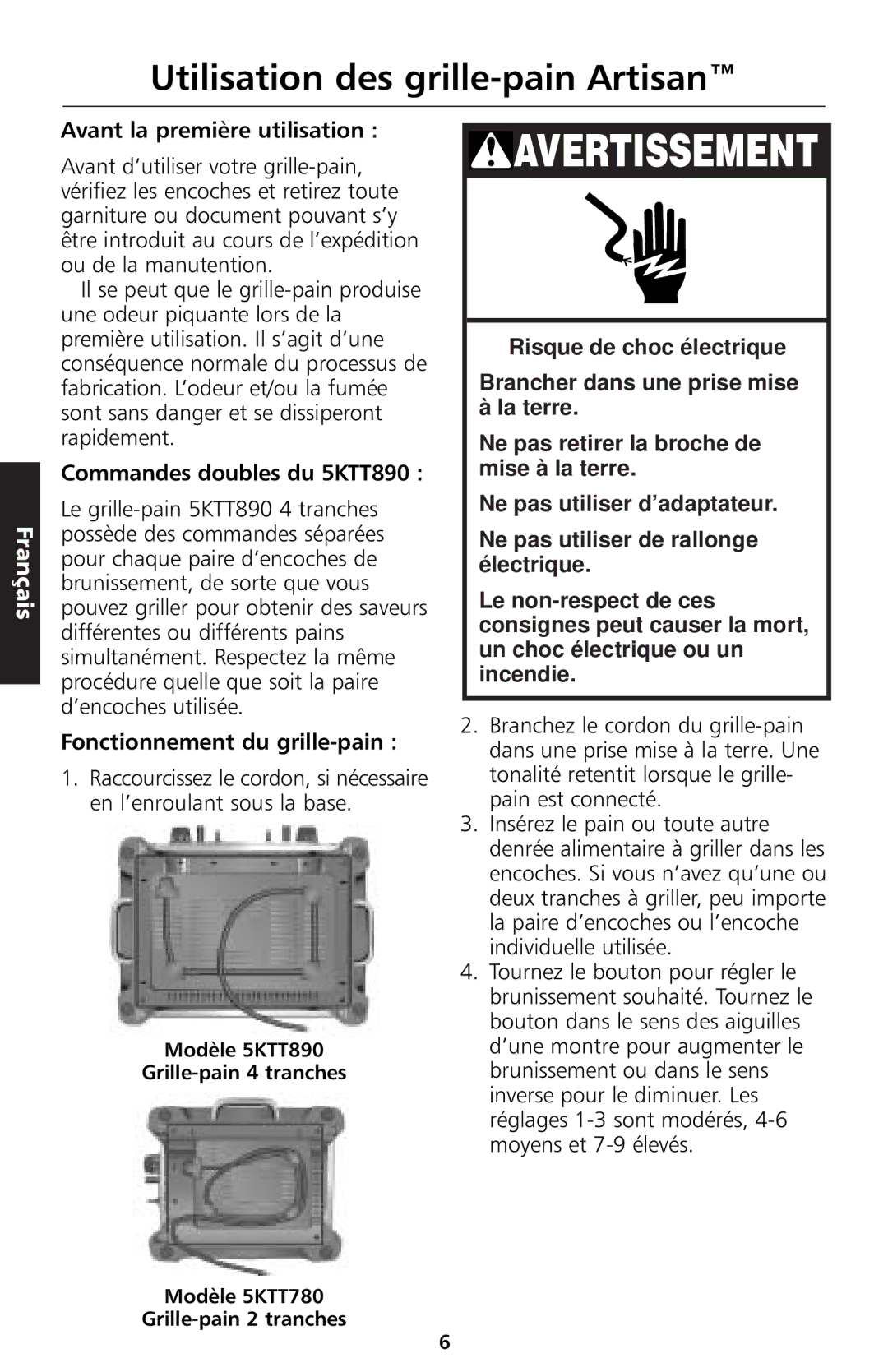 KitchenAid manual Utilisation des grille-pain Artisan, Avant la première utilisation, Commandes doubles du 5KTT890 