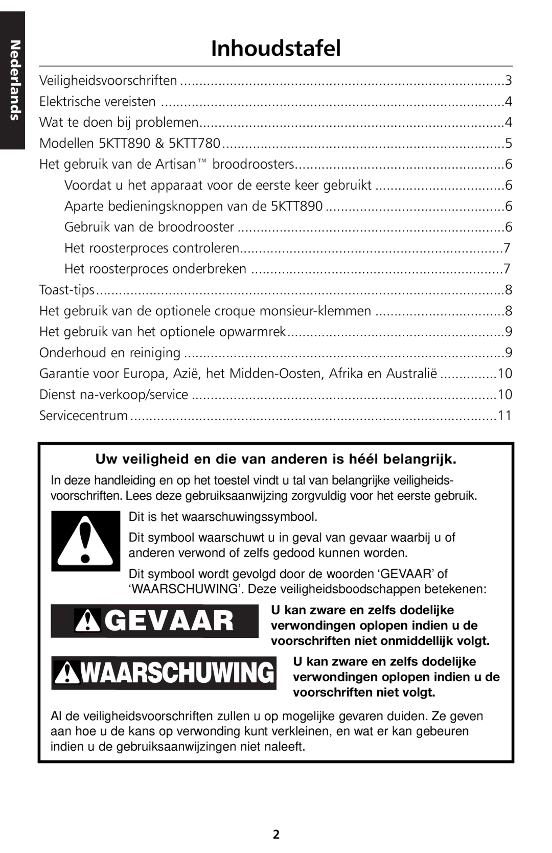 KitchenAid 5KTT890 manual Inhoudstafel, Uw veiligheid en die van anderen is héél belangrijk 