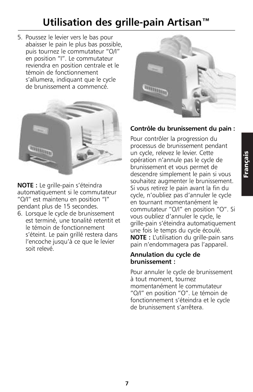 KitchenAid 5KTT890 manual Contrôle du brunissement du pain, Annulation du cycle de brunissement 