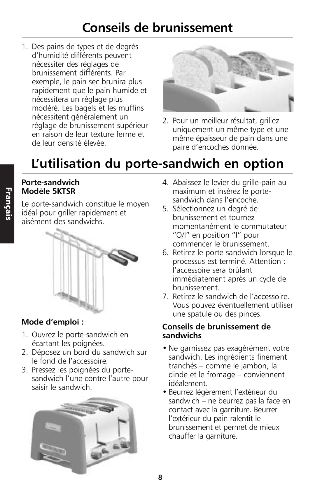 KitchenAid 5KTT890 manual Conseils de brunissement, ’utilisation du porte-sandwich en option, Porte-sandwich Modèle 5KTSR 