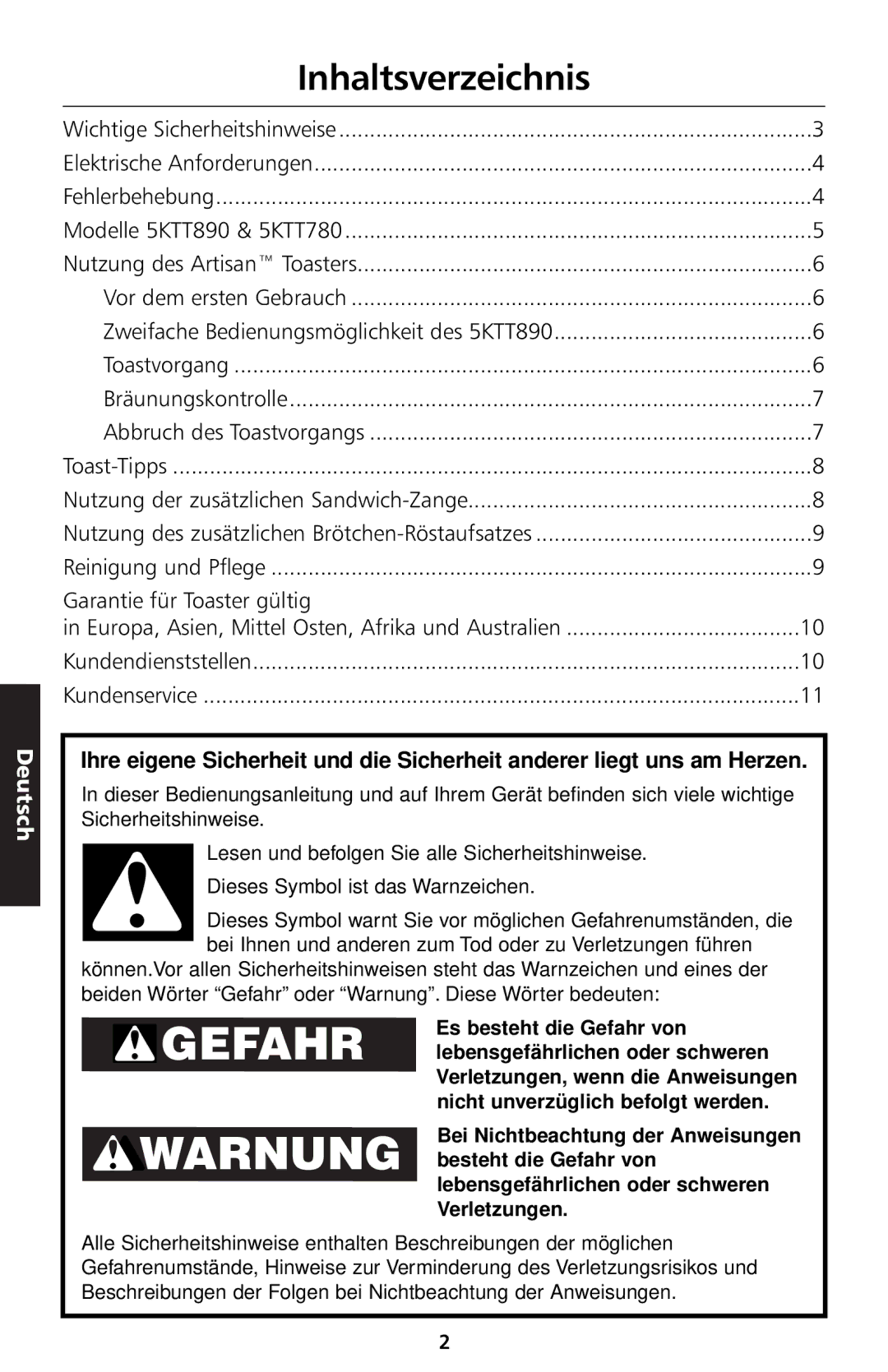 KitchenAid 5KTT890 manual Gefahr Warnung, Inhaltsverzeichnis 