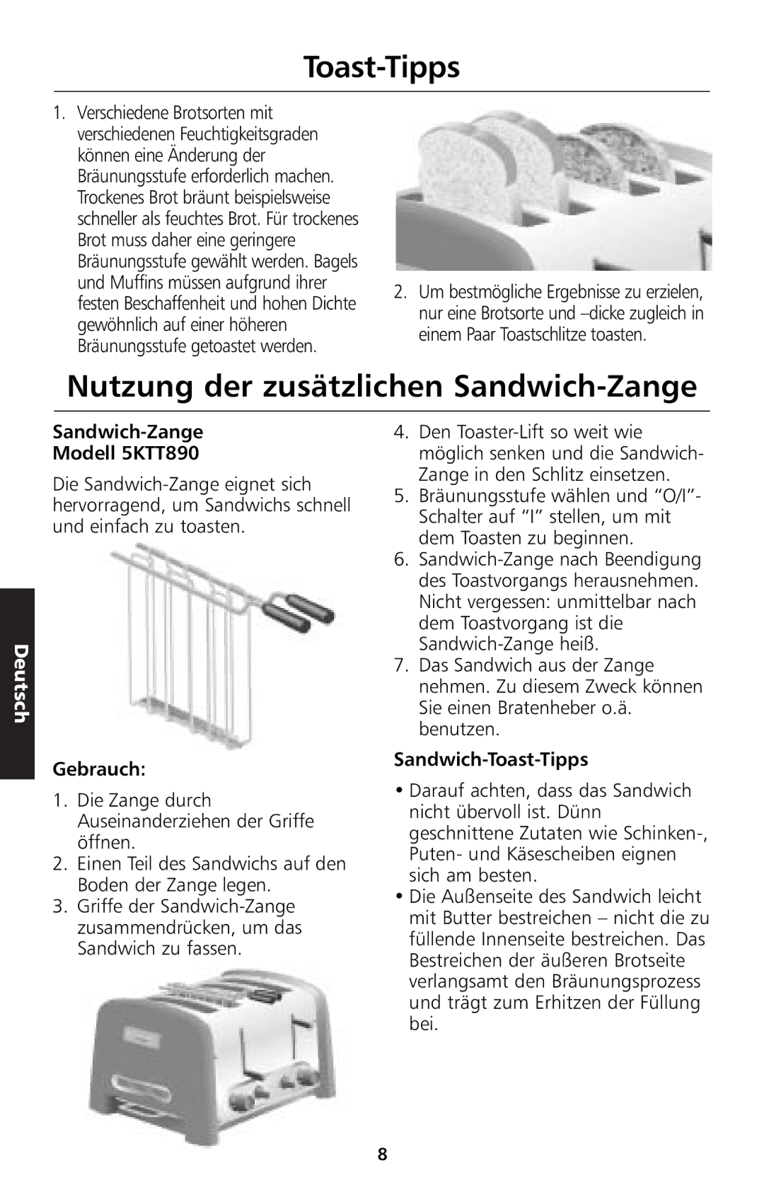 KitchenAid manual Toast-Tipps, Nutzung der zusätzlichen Sandwich-Zange, Sandwich-Zange Modell 5KTT890, Gebrauch 