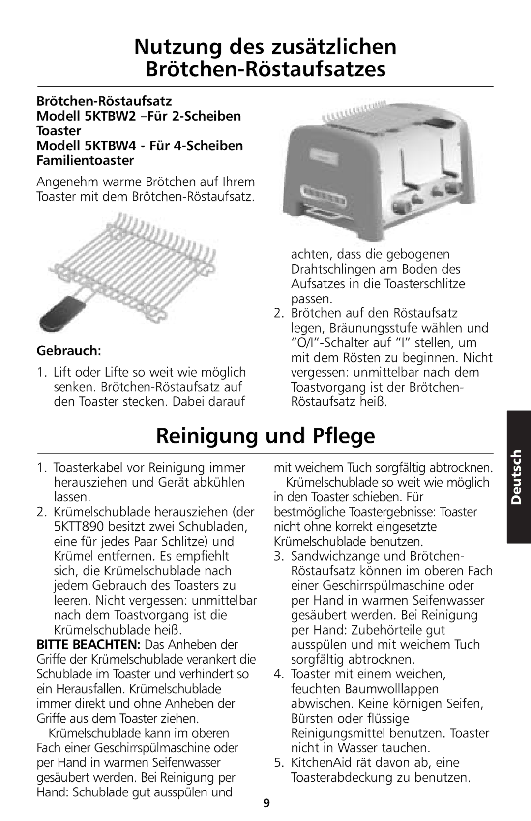 KitchenAid 5KTT890 manual Nutzung des zusätzlichen Brötchen-Röstaufsatzes, Reinigung und Pflege 