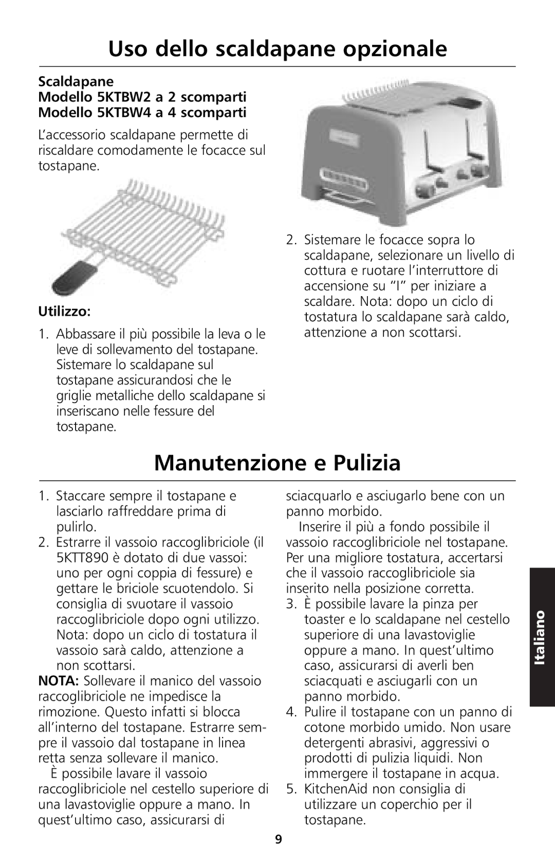 KitchenAid 5KTT890 manual Uso dello scaldapane opzionale, Manutenzione e Pulizia 