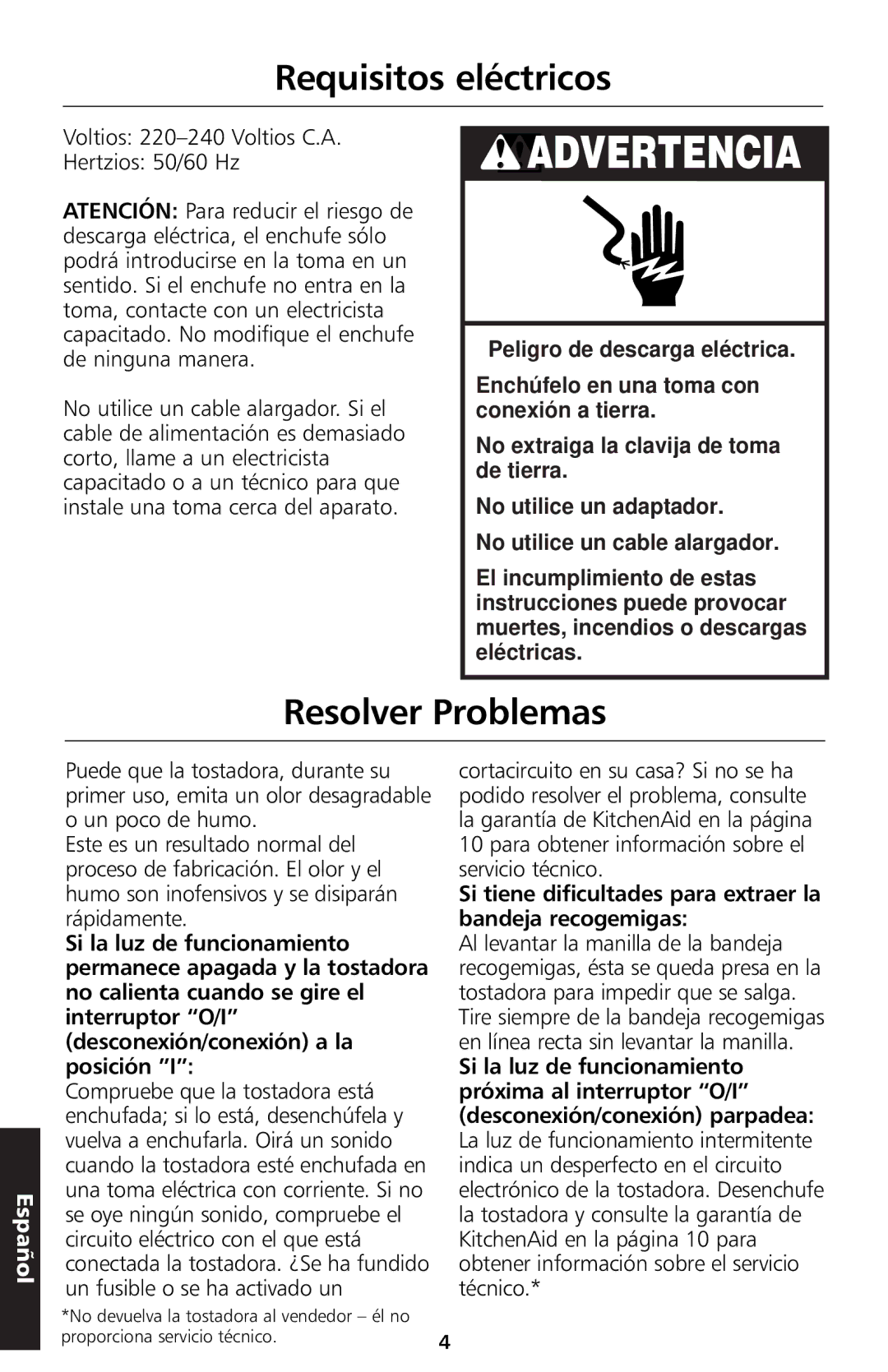 KitchenAid 5KTT890 Requisitos eléctricos, Resolver Problemas, Si tiene dificultades para extraer la bandeja recogemigas 