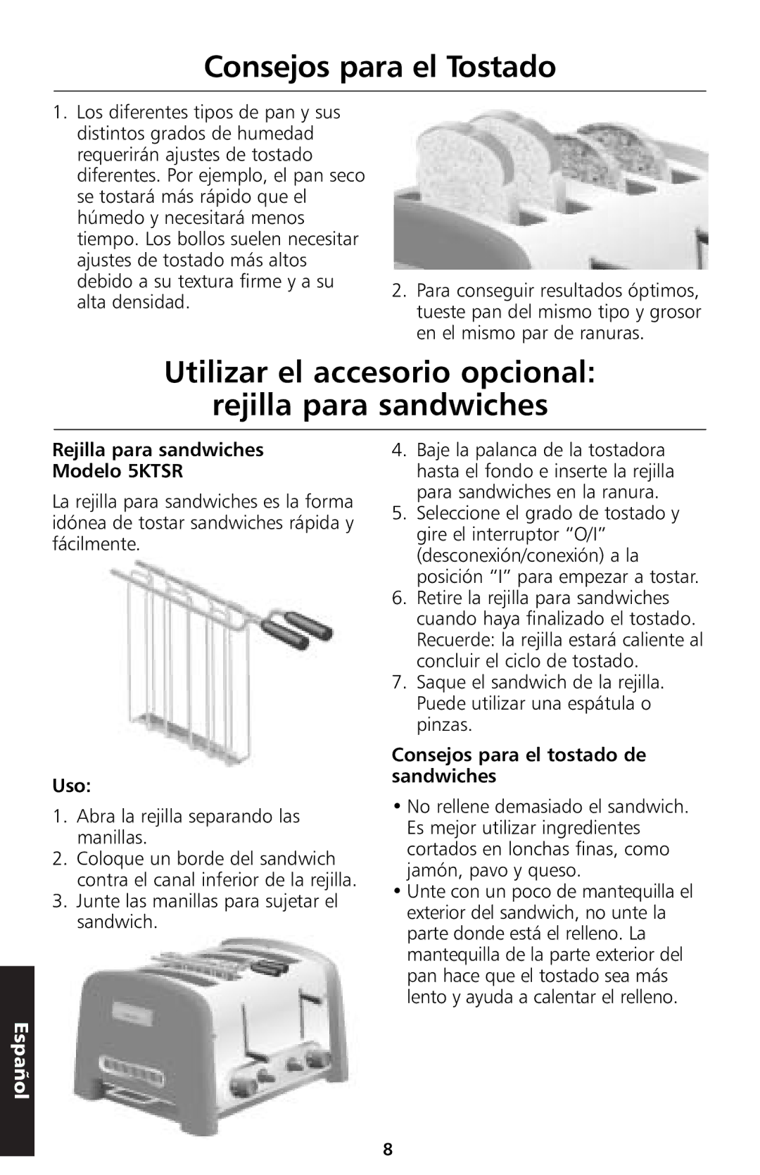 KitchenAid 5KTT890 manual Consejos para el Tostado, Utilizar el accesorio opcional Rejilla para sandwiches, Uso 