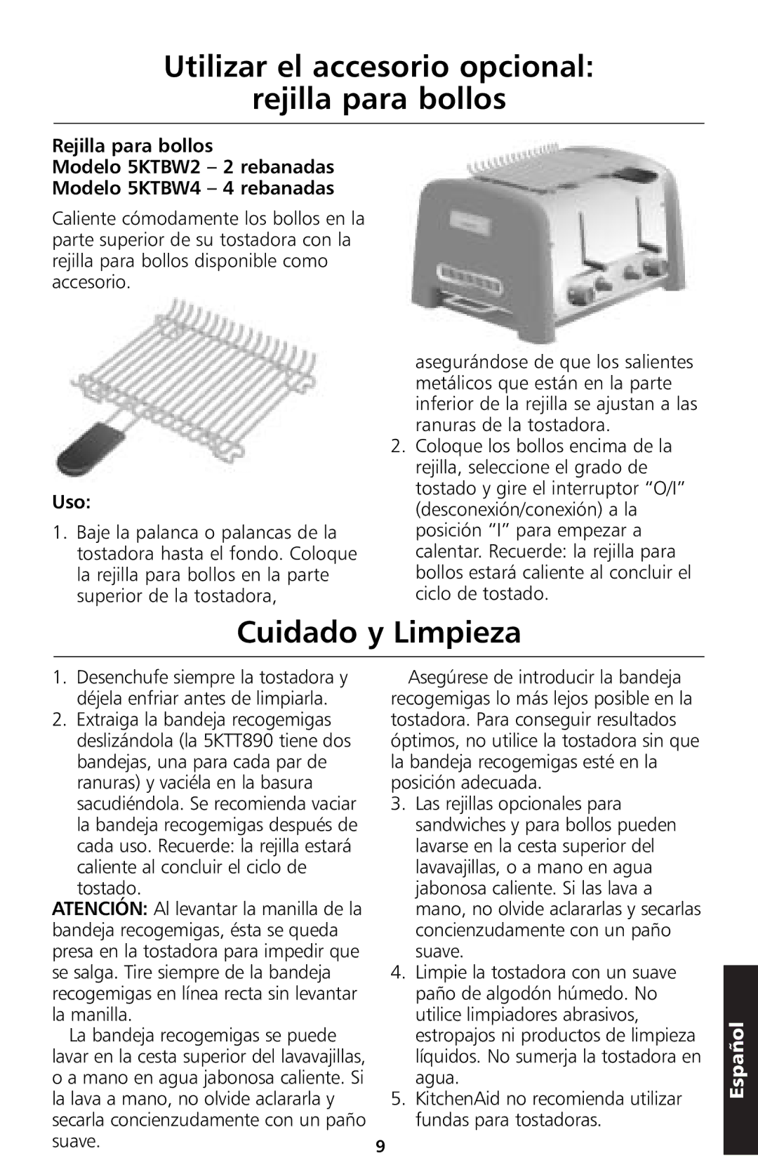 KitchenAid 5KTT890 manual Utilizar el accesorio opcional Rejilla para bollos, Cuidado y Limpieza 