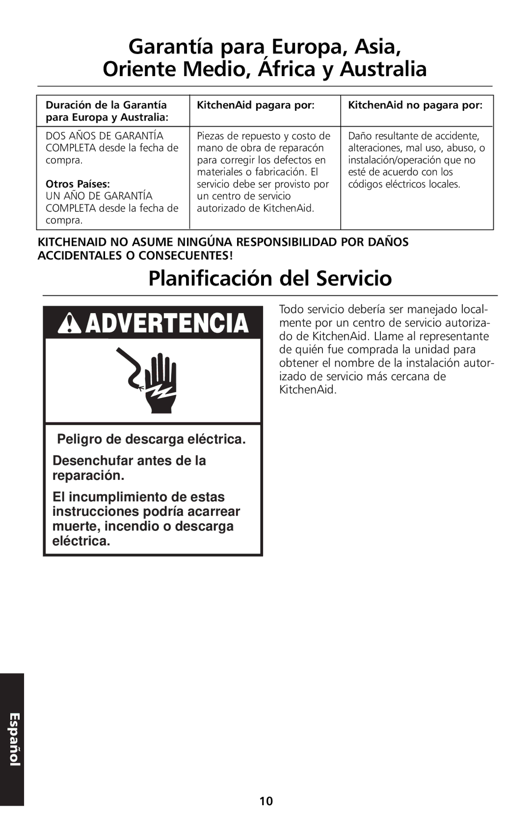 KitchenAid 5KTT890 manual Garantía para Europa, Asia Oriente Medio, África y Australia, Planificación del Servicio 