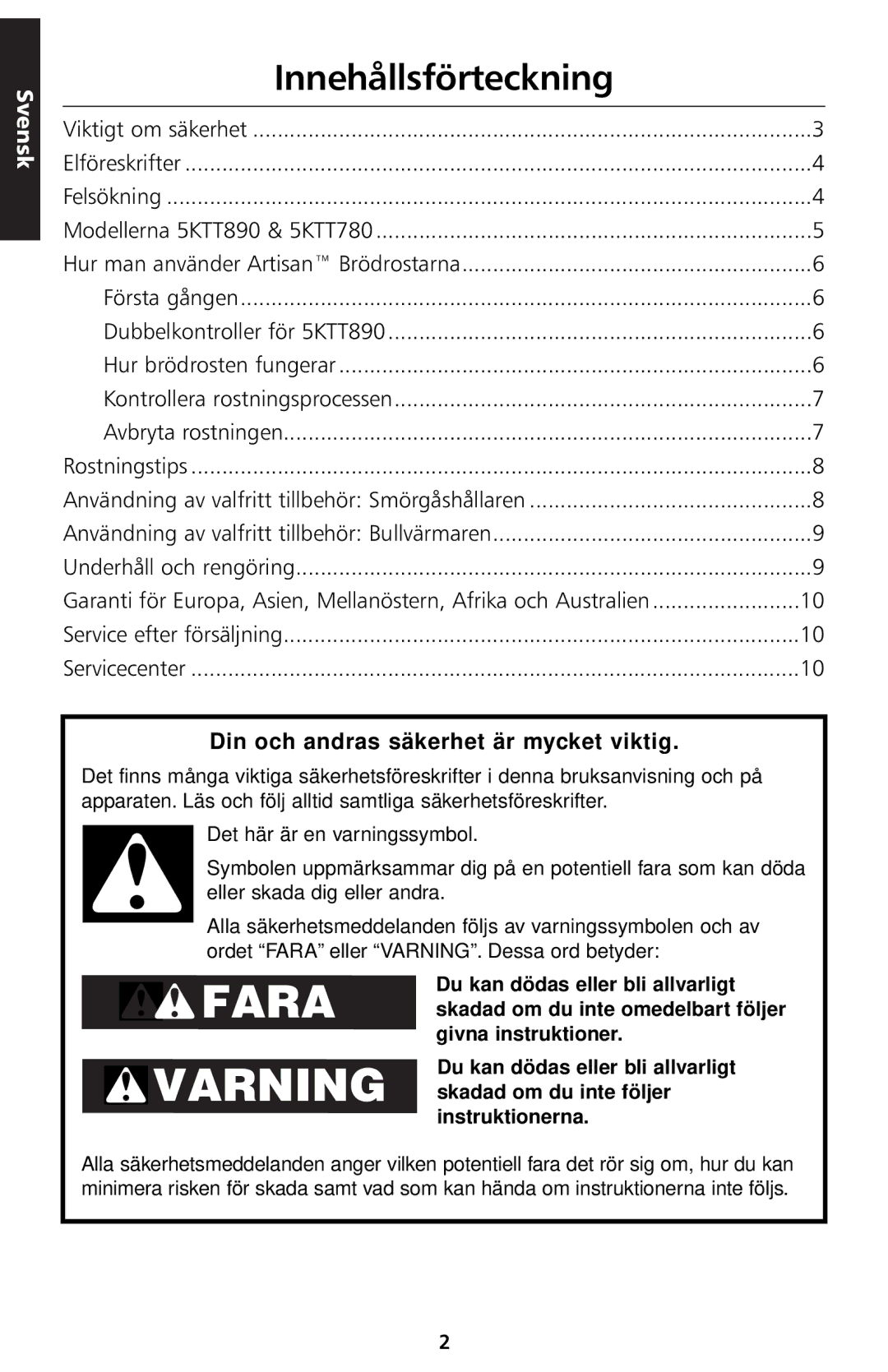 KitchenAid 5KTT890 manual Innehållsförteckning, Din och andras säkerhet är mycket viktig 