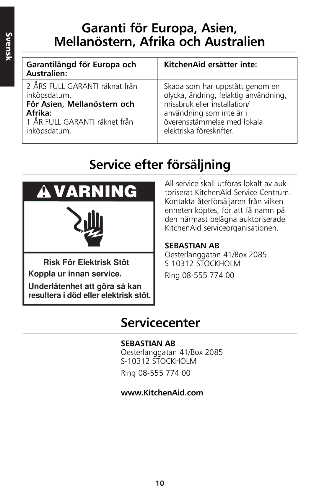 KitchenAid 5KTT890 manual Service efter försäljning, Servicecenter, För Asien, Mellanöstern och, Afrika 