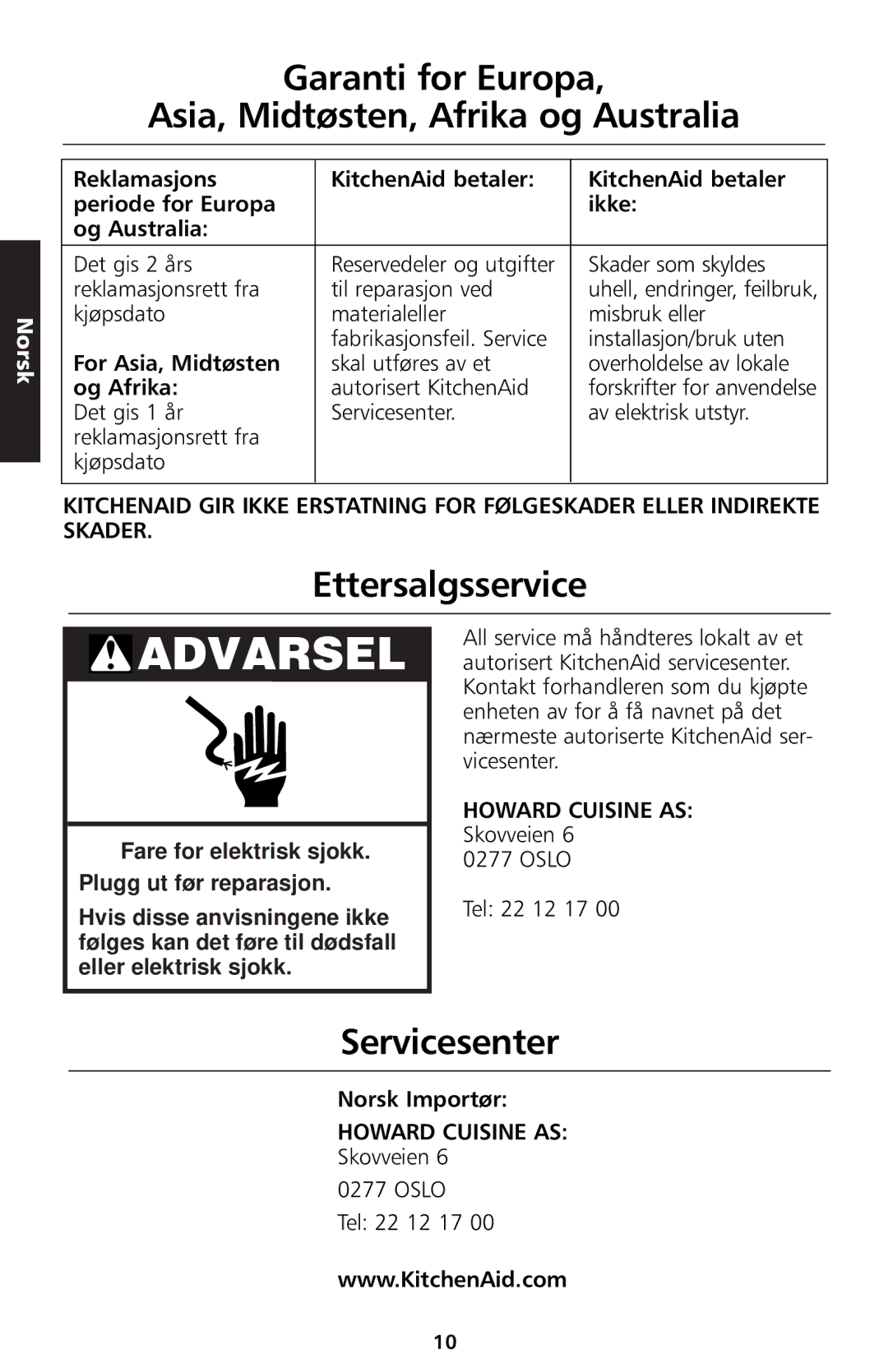 KitchenAid 5KTT890 manual Garanti for Europa Asia, Midtøsten, Afrika og Australia, Ettersalgsservice, Servicesenter 