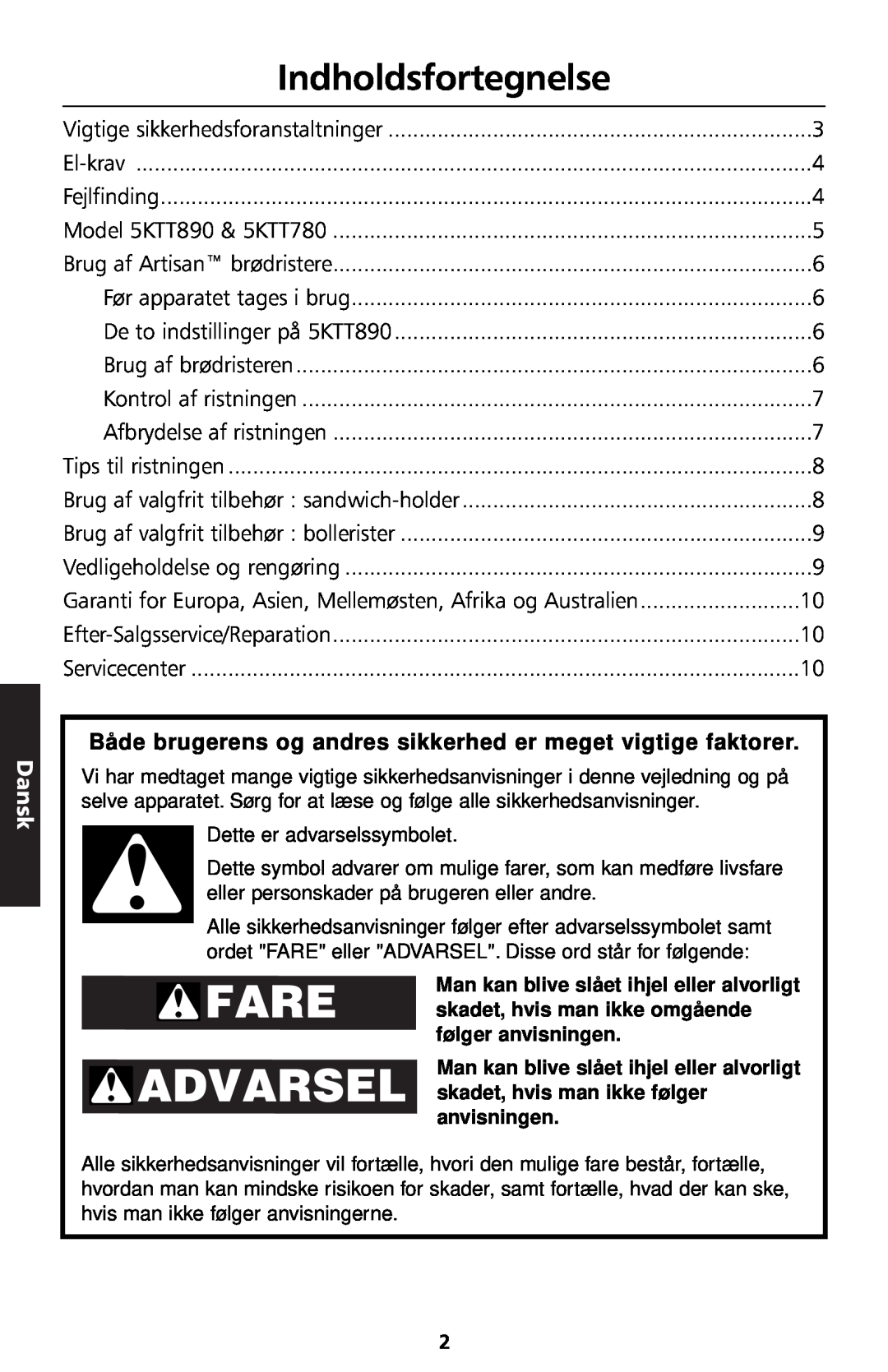 KitchenAid 5KTT890 manual Indholdsfortegnelse, Dansk 