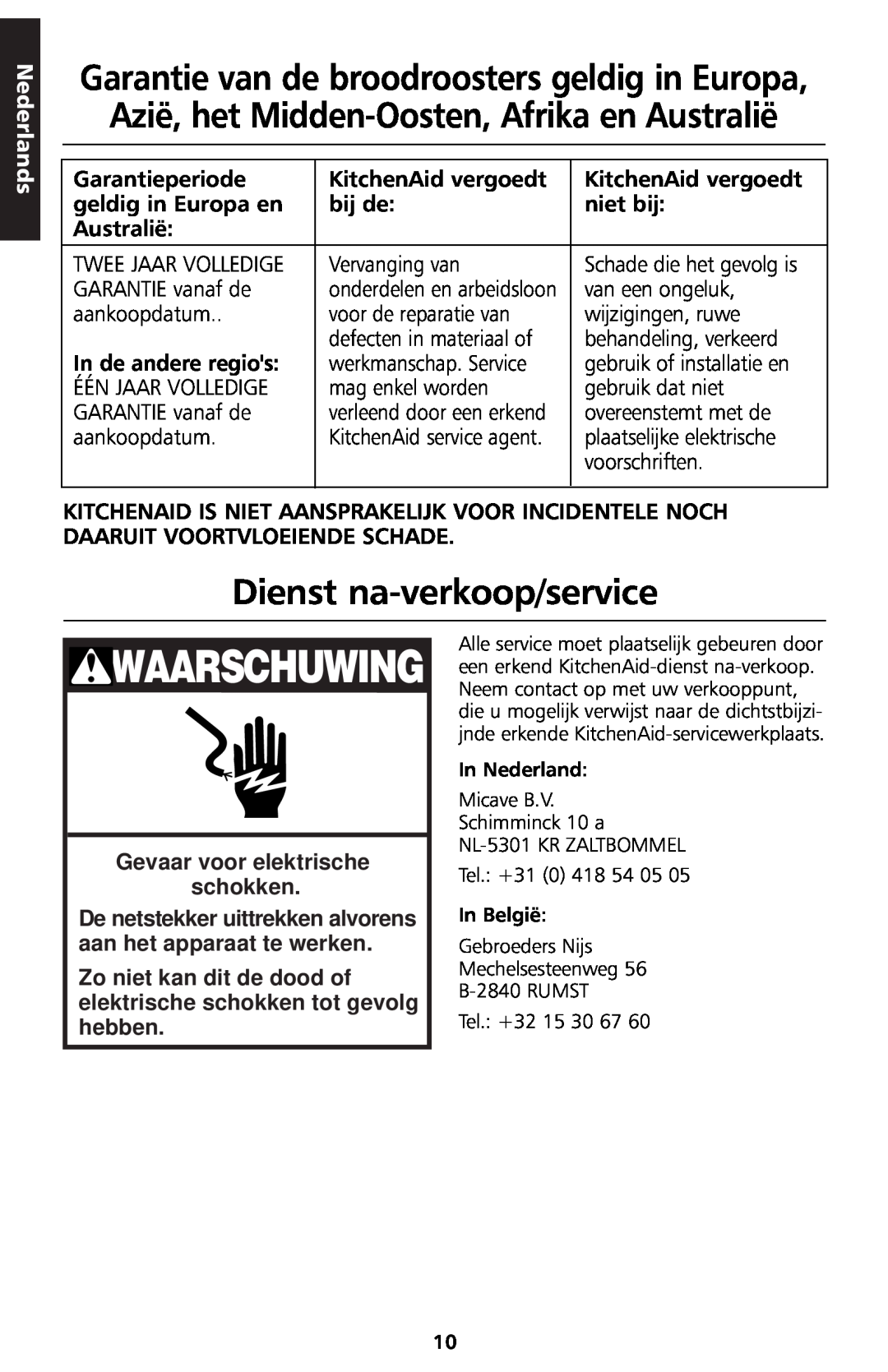 KitchenAid 5KTT890 manual Dienst na-verkoop/service, Waarschuwing, Nederlands, Gevaar voor elektrische schokken 