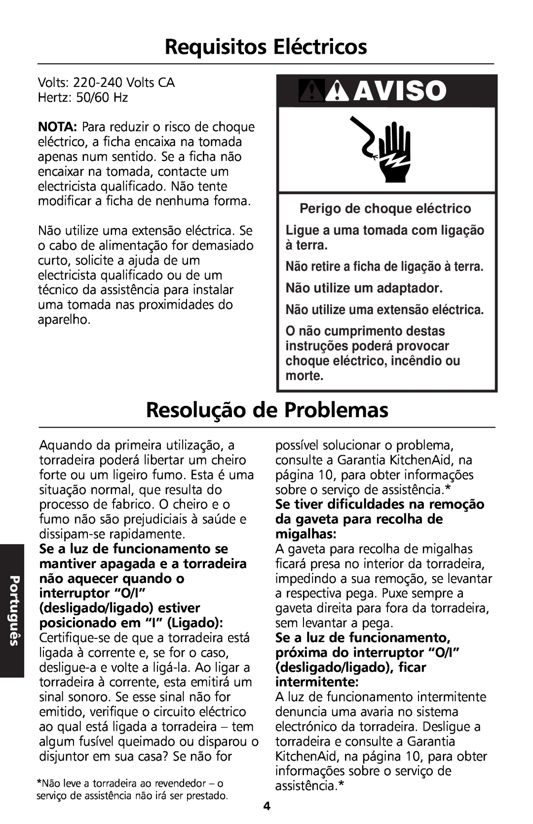 KitchenAid 5KTT890 manual Aviso, Requisitos Eléctricos, Resolução de Problemas, Perigo de choque eléctrico, Português 