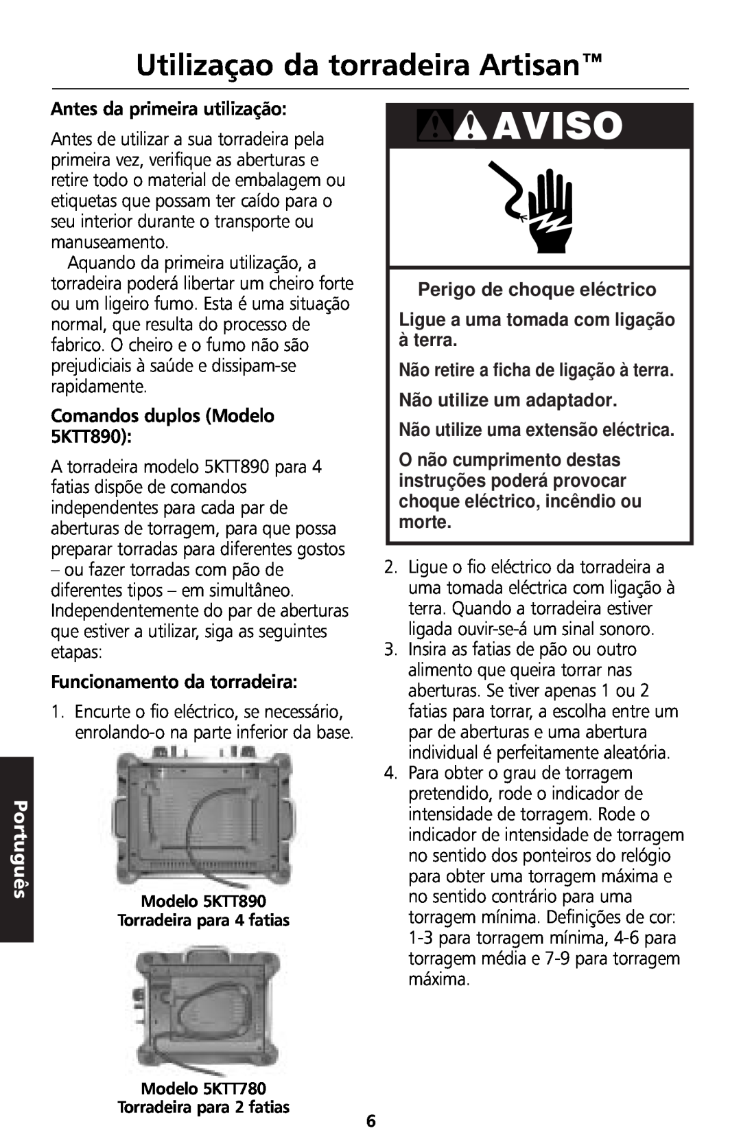KitchenAid 5KTT890 manual Utilizaçao da torradeira Artisan, Aviso, Português, Perigo de choque eléctrico 