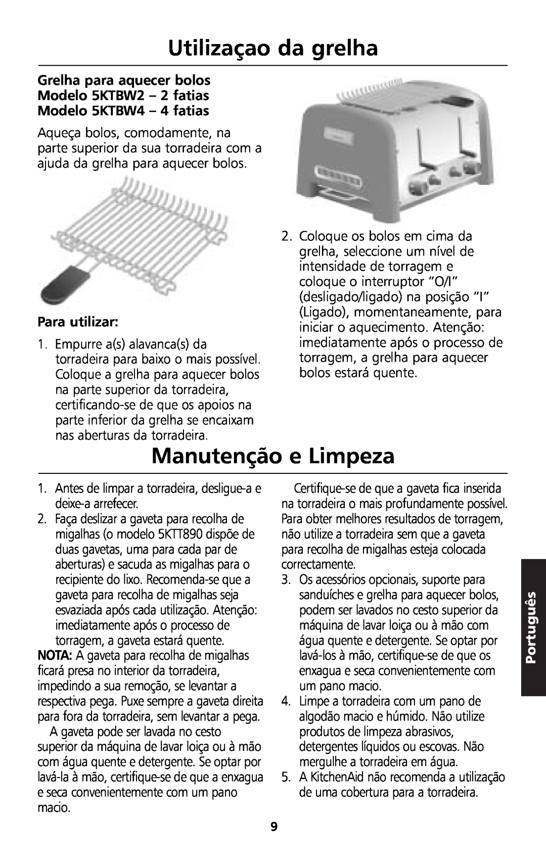 KitchenAid 5KTT890 manual Utilizaçao da grelha, Manutenção e Limpeza, Para utilizar, Português 