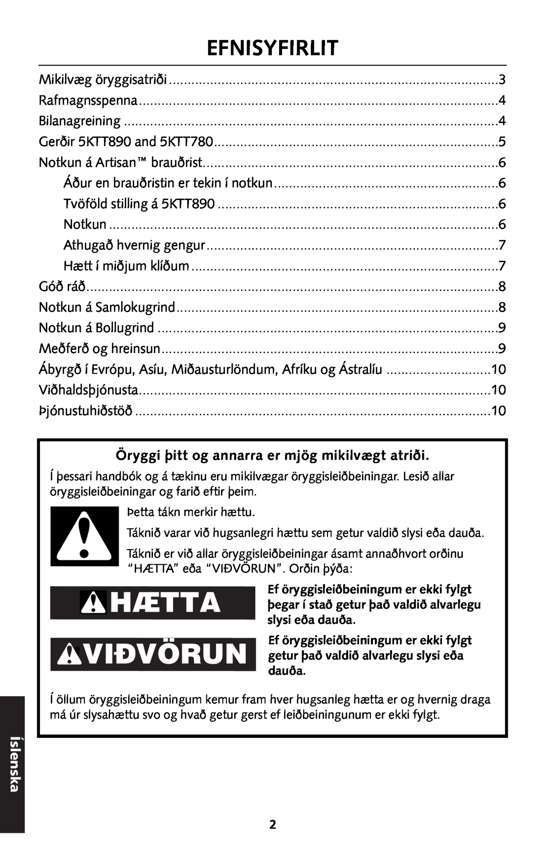 KitchenAid 5KTT890 manual Hætta Vidvörun, Efnisyfirlit, Íslenska 