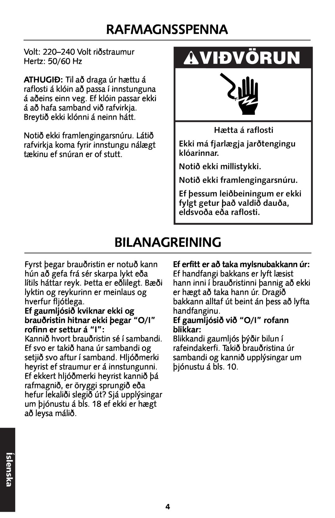 KitchenAid 5KTT890 manual Vidvörun, Rafmagnsspenna, Bilanagreining, Íslenska 