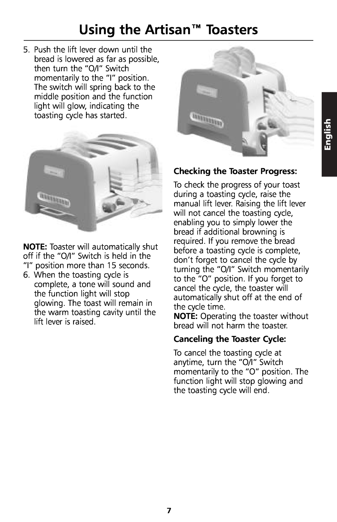 KitchenAid 5KTT890 manual Using the Artisan Toasters, English, Checking the Toaster Progress, Canceling the Toaster Cycle 