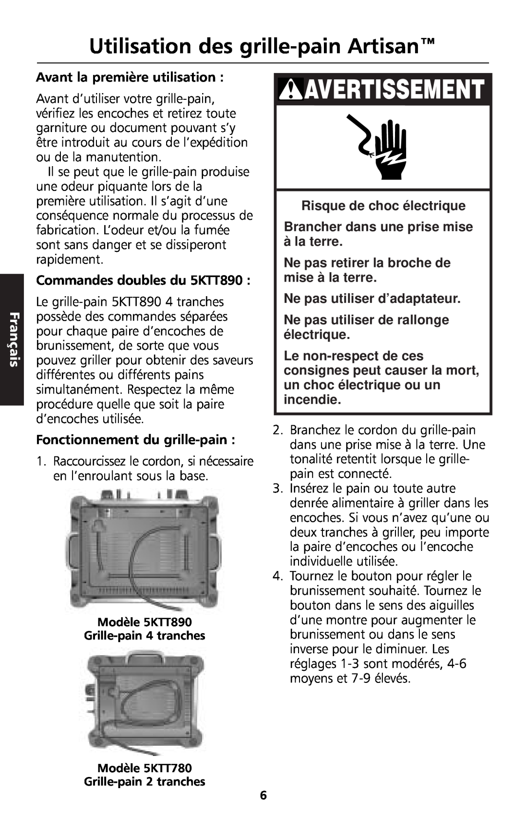 KitchenAid 5KTT890 manual Utilisation des grille-painArtisan, Avertissement, Français, Risque de choc électrique 