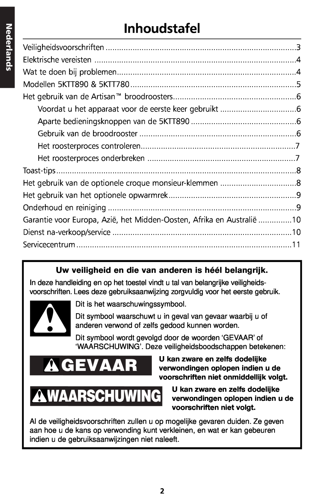 KitchenAid 5KTT890 manual Inhoudstafel, Nederlands 