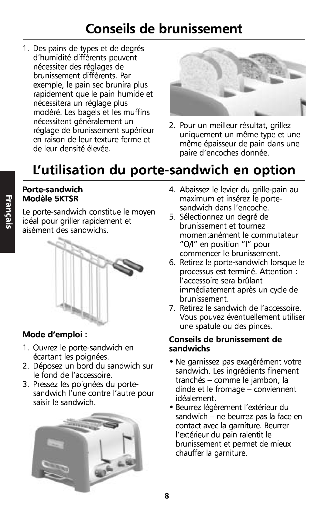 KitchenAid 5KTT890 manual Conseils de brunissement, L’utilisation du porte-sandwichen option, Français, Mode d’emploi 