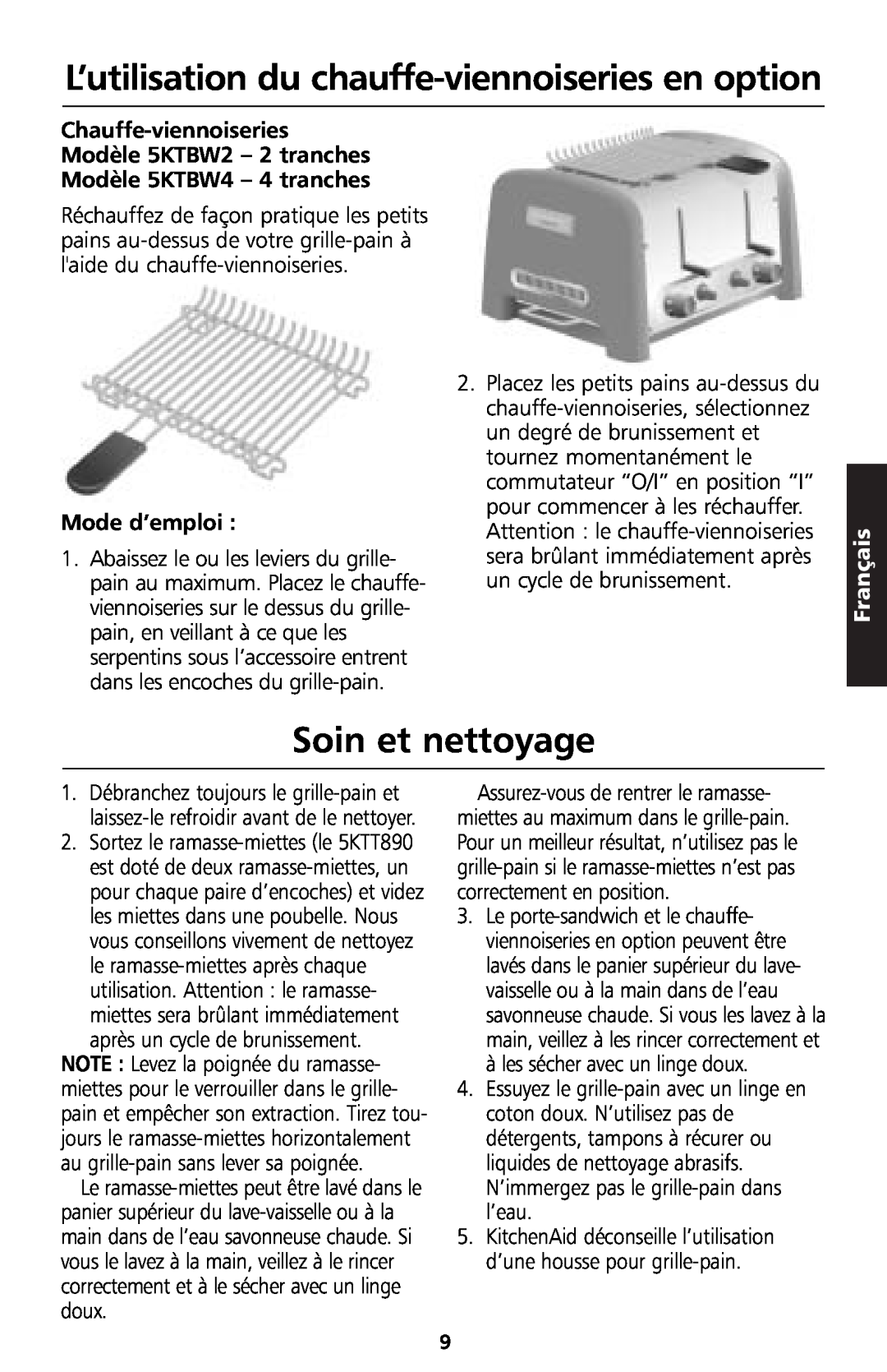 KitchenAid 5KTT890 manual L’utilisation du chauffe-viennoiseriesen option, Soin et nettoyage, Mode d’emploi, Français 