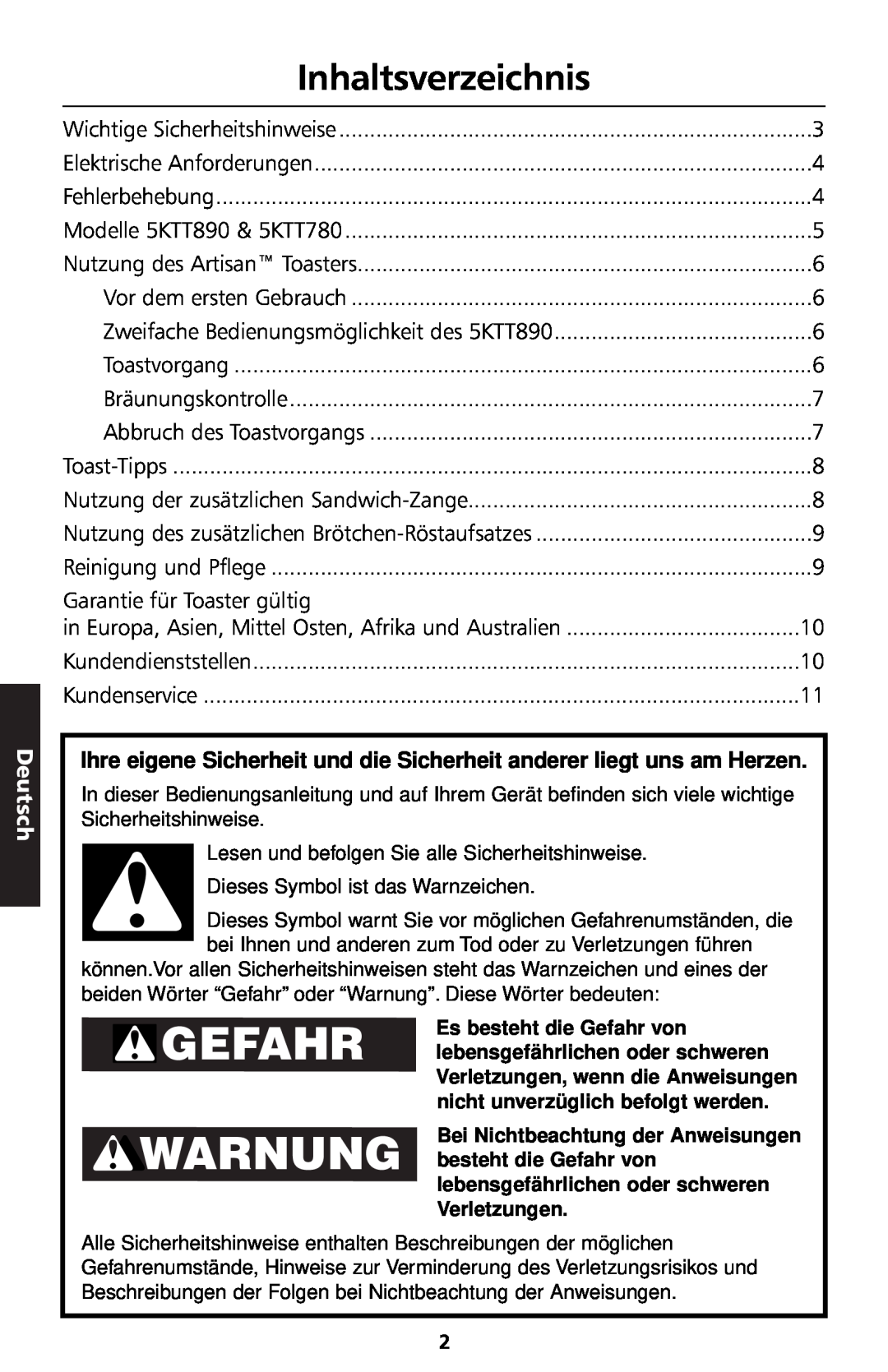 KitchenAid 5KTT890 manual Gefahr Warnung, Inhaltsverzeichnis, Deutsch 