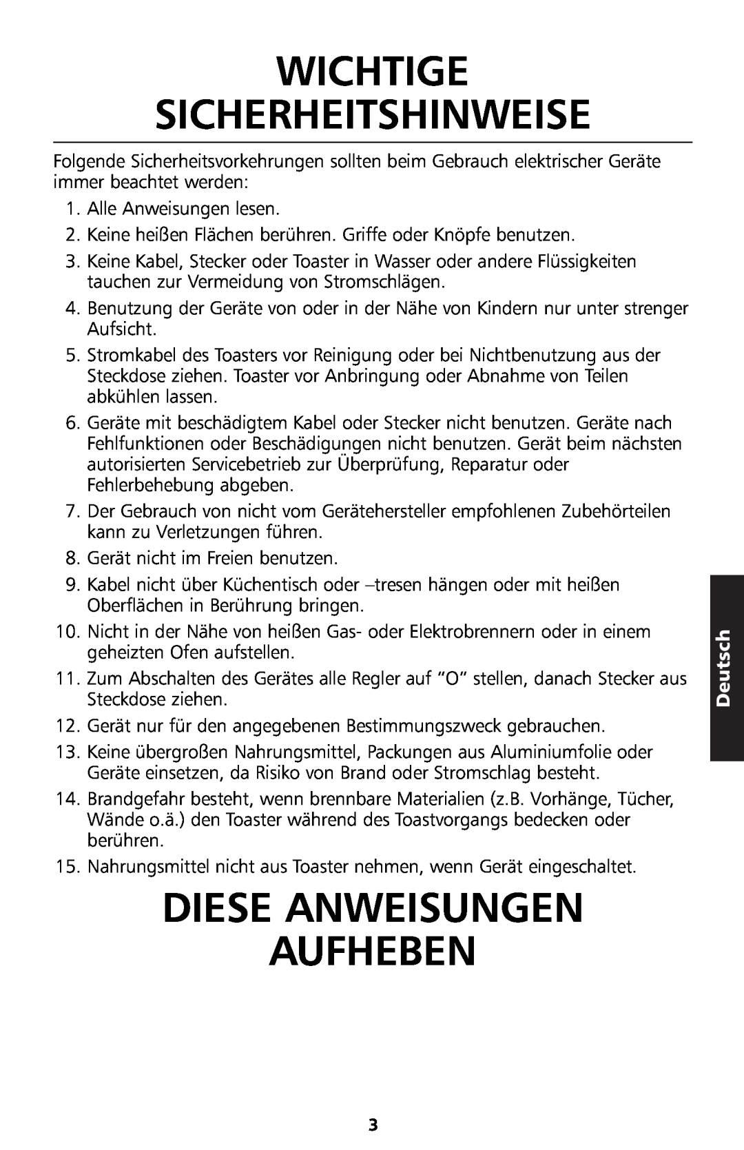 KitchenAid 5KTT890 manual Wichtige Sicherheitshinweise, Diese Anweisungen Aufheben, Deutsch 