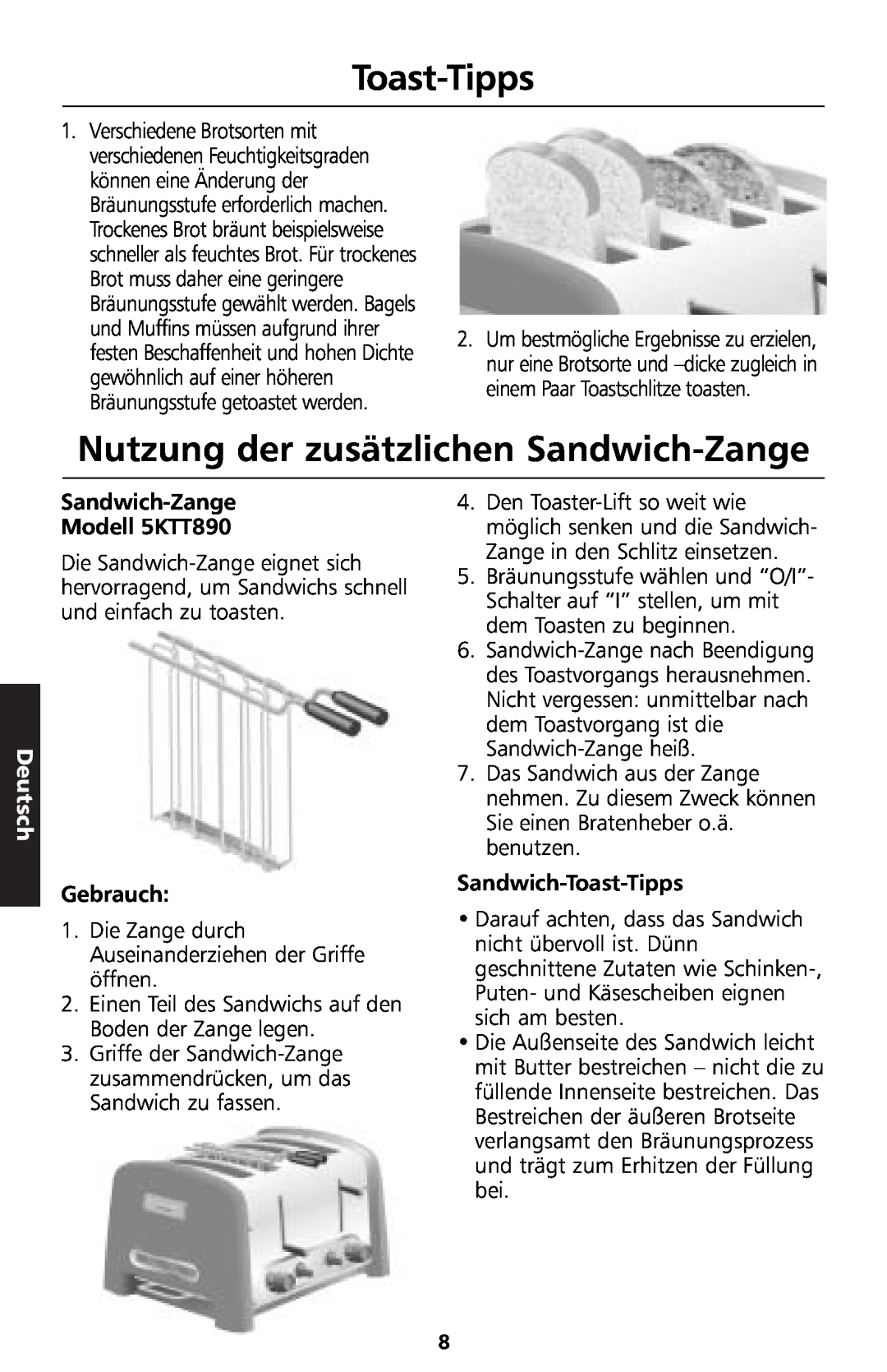 KitchenAid manual Toast-Tipps, Nutzung der zusätzlichen Sandwich-Zange, Deutsch, Sandwich-Zange Modell 5KTT890, Gebrauch 