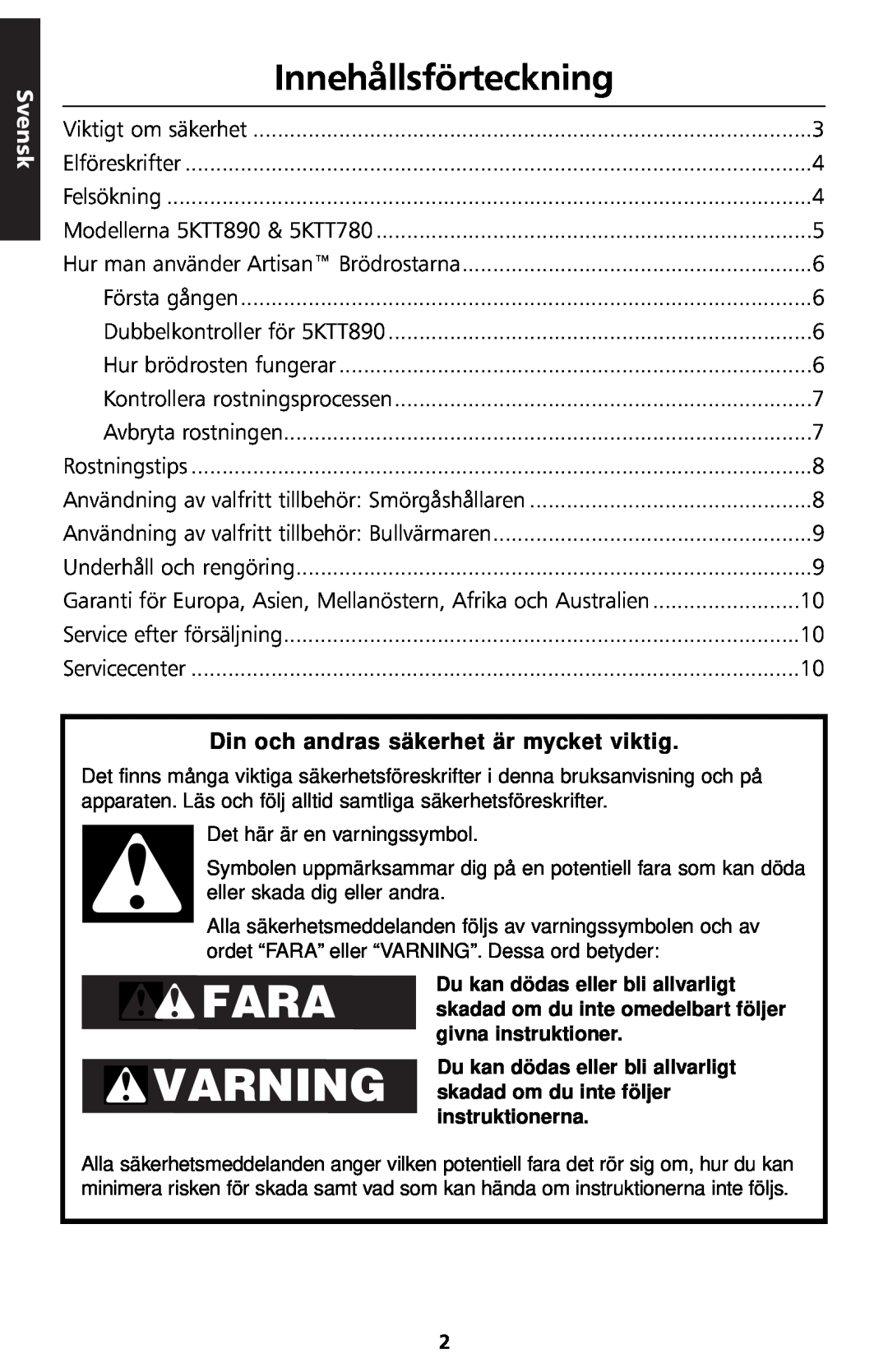 KitchenAid 5KTT890 manual Innehållsförteckning, Svensk, Din och andras säkerhet är mycket viktig 