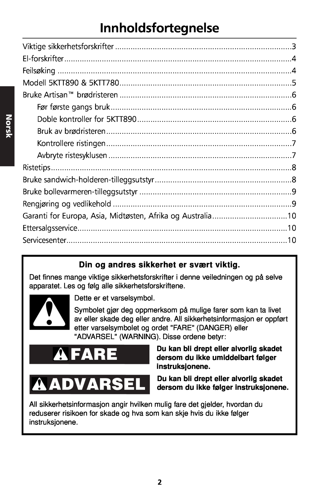 KitchenAid 5KTT890 manual Innholdsfortegnelse, Norsk, Din og andres sikkerhet er svært viktig 