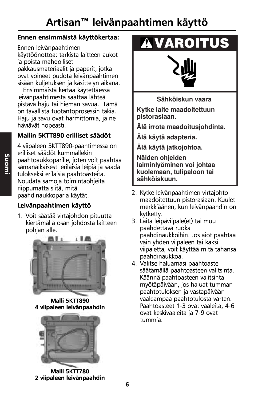KitchenAid 5KTT890 manual Artisan leivänpaahtimen käyttö, Varoitus, Suomi, Sähköiskun vaara, Älä käytä jatkojohtoa 
