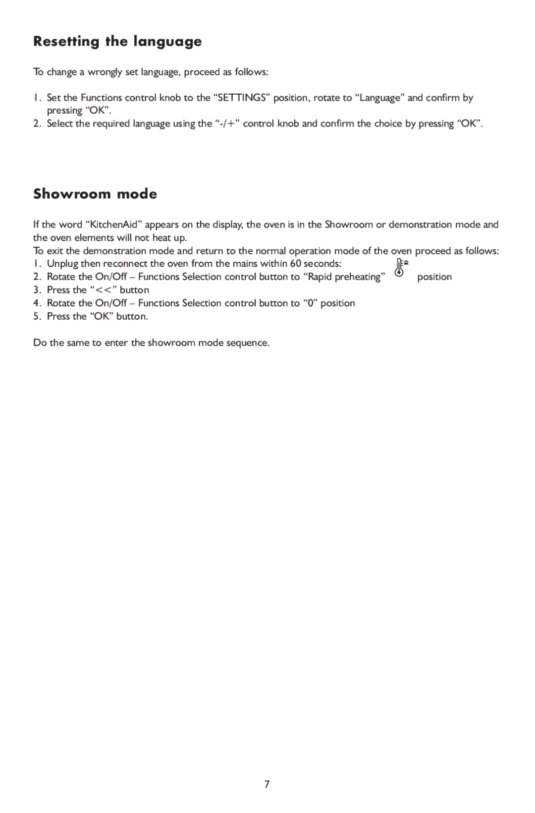 KitchenAid 6610 manual Resetting the language, Showroom mode 