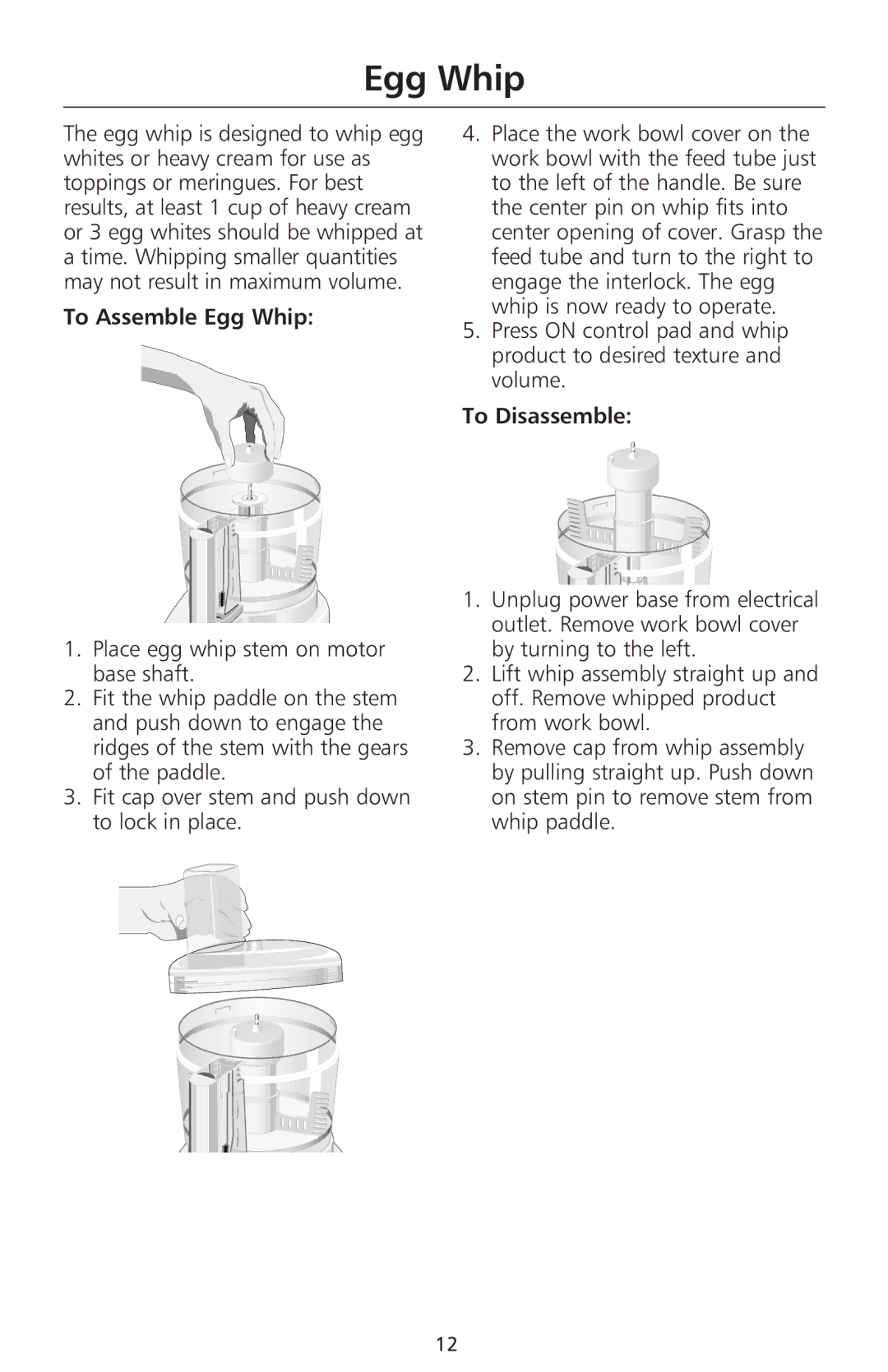 KitchenAid 670, 690 manual To Assemble Egg Whip, To Disassemble 