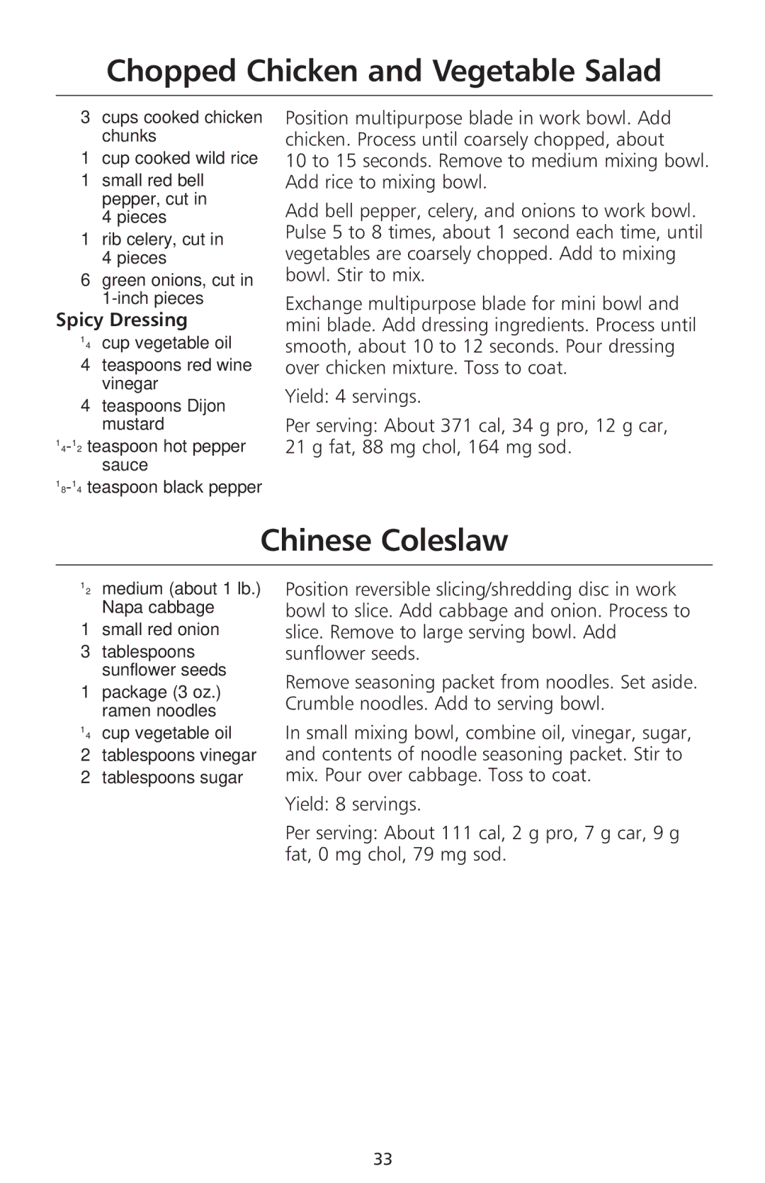 KitchenAid 690, 670 manual Chopped Chicken and Vegetable Salad, Chinese Coleslaw, Spicy Dressing 