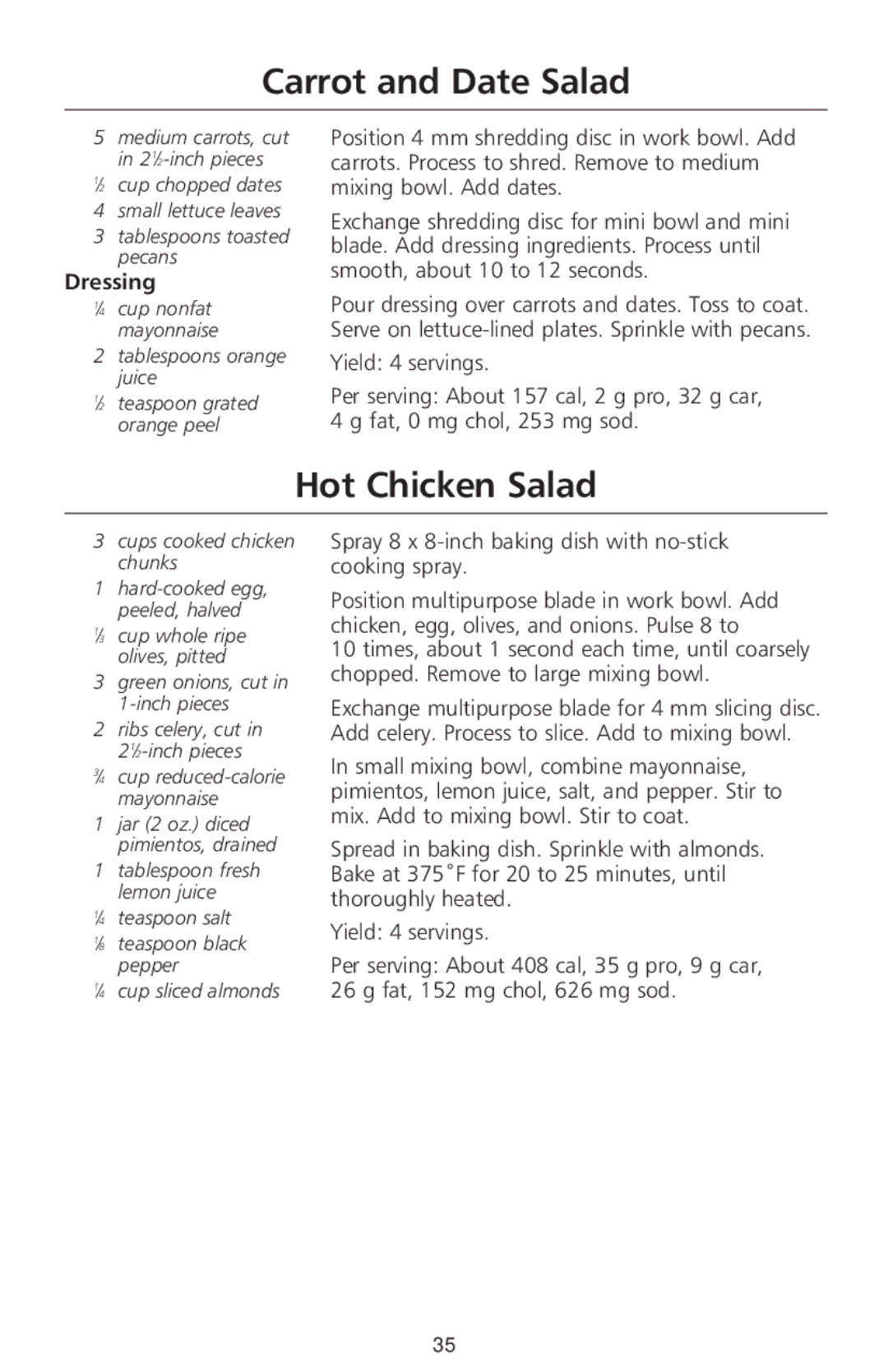 KitchenAid 690, 670 manual Carrot and Date Salad, Hot Chicken Salad, Tablespoons orange juice ⁄2 teaspoon grated orange peel 