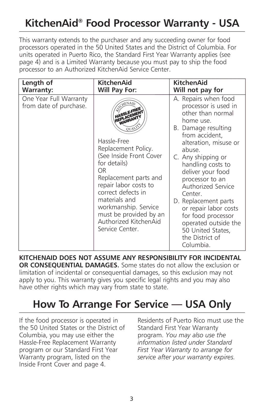 KitchenAid 690, 670 manual KitchenAid Food Processor Warranty USA, How To Arrange For Service USA Only, Length Warranty 