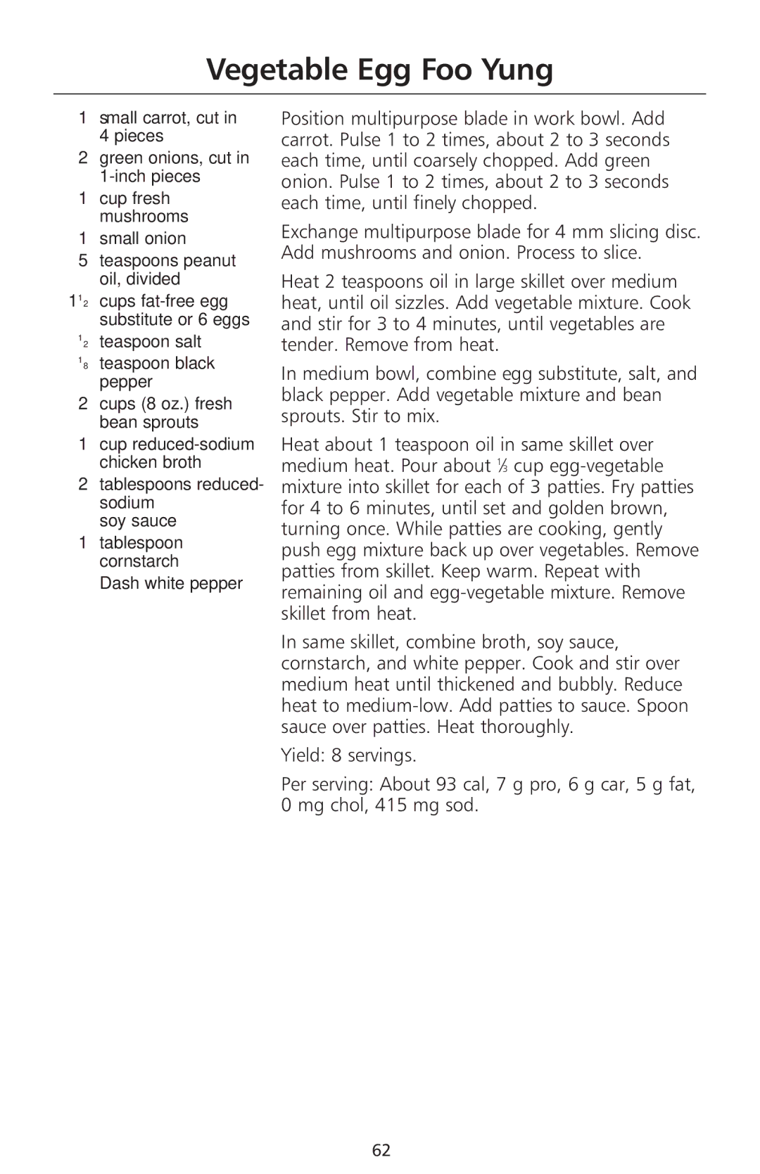 KitchenAid 670 Vegetable Egg Foo Yung, ⁄2 teaspoon salt ⁄8 teaspoon black pepper, Tablespoons reduced- sodium Soy sauce 