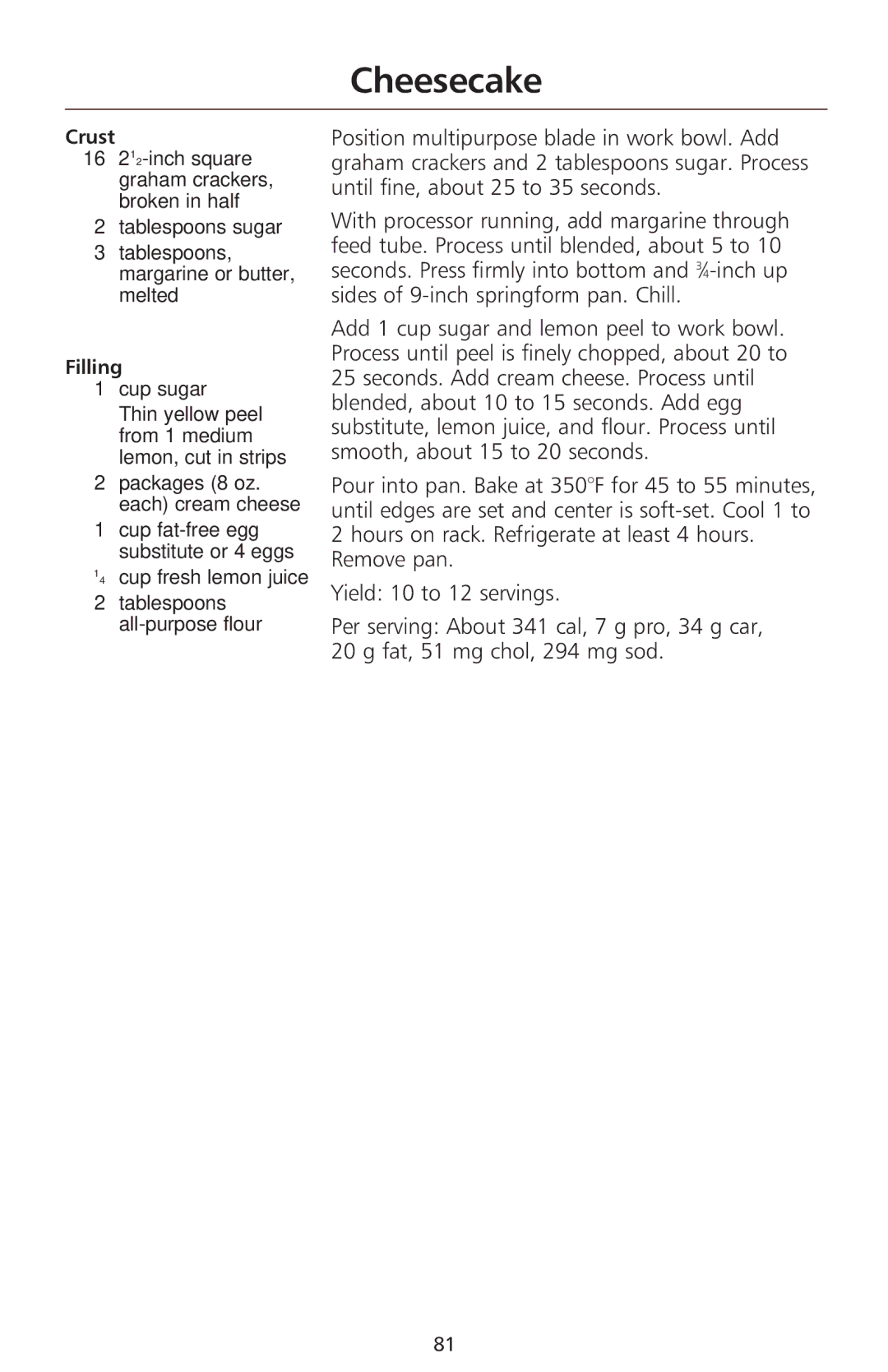 KitchenAid 690 Cheesecake, Tablespoons sugar Tablespoons, margarine or butter, melted, Cup sugar, ⁄4 cup fresh lemon juice 