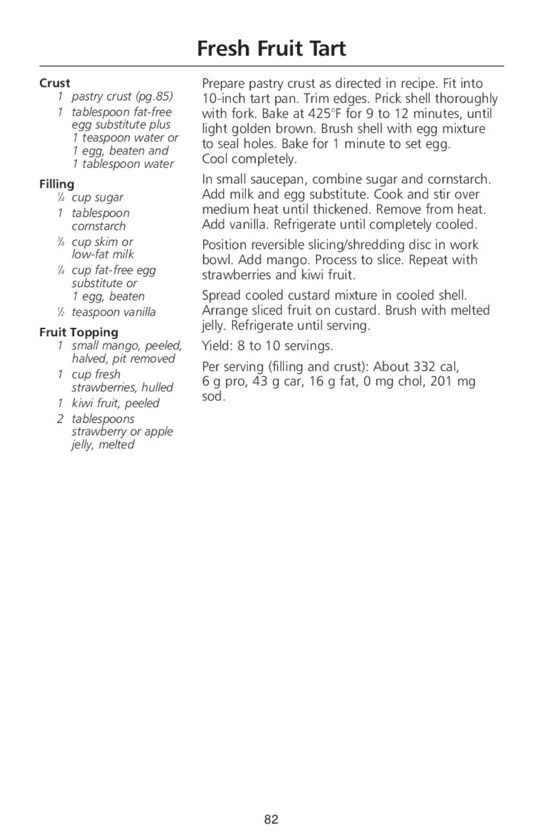 KitchenAid 670, 690 manual Fresh Fruit Tart, Pastry crust pg.85, Teaspoon water or Egg, beaten Tablespoon water 